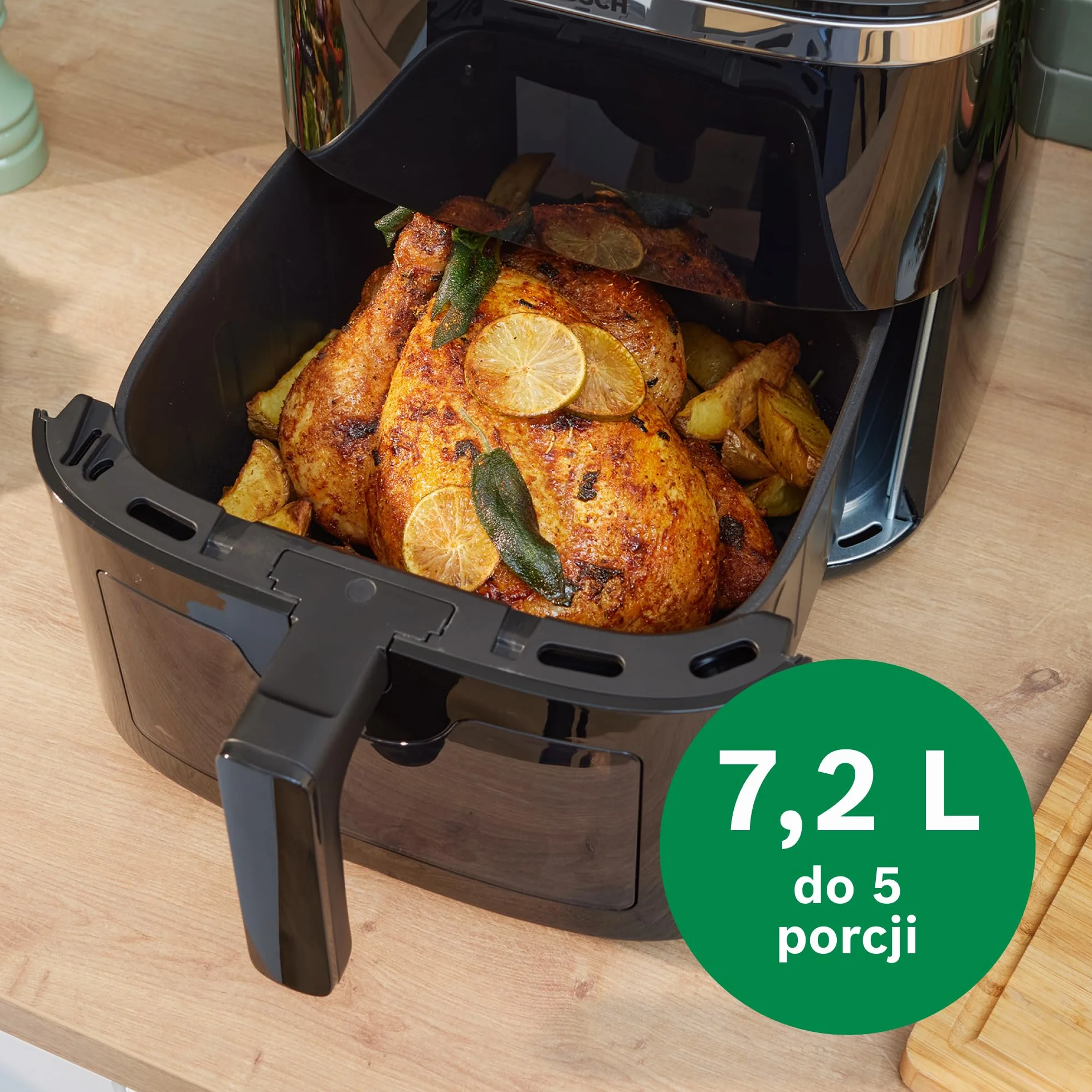 Bosch Air Fryer Serie 6, MAF671B0, pojemność XXL 7,2 l, 7 programów, podświetlane okienko, do 65% szybsze gotowanie, czarny