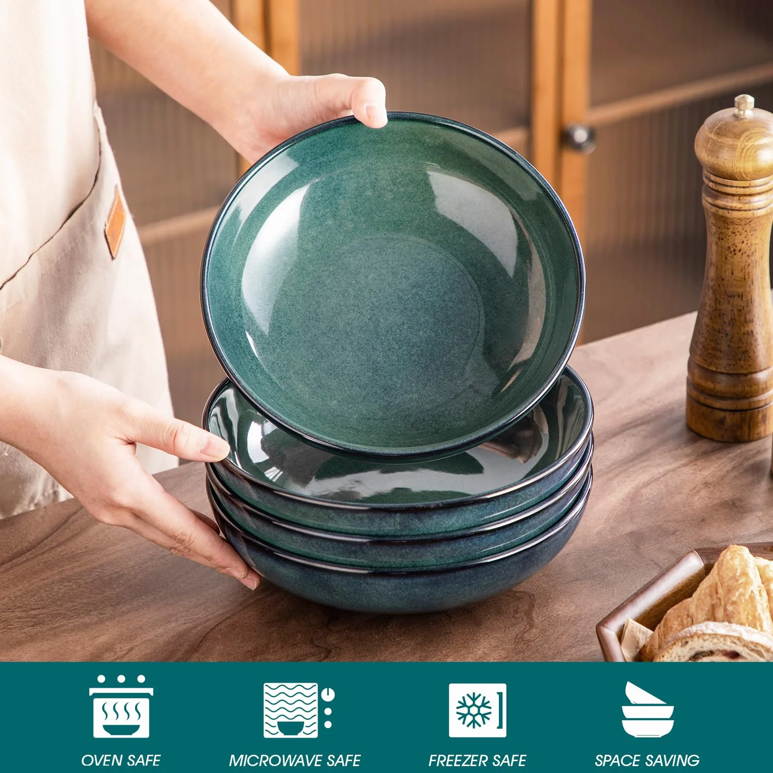 vancasso Stern 1100 ml, zestaw ceramicznych misek do makaronu, duże miski sałatkowe do serwowania, miseczki do zupy bezpieczne dla mikrofalówki, zestaw 4, zielone miseczki z kamionki