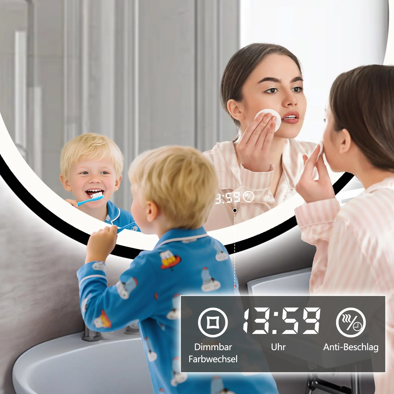 Lustro LED z zegarem - 70 cm Okrągłe lustro z oświetleniem, antyrefleksyjne, możliwość regulacji jasności, 3 kolory światła, energooszczędne z przełącznikiem dotykowym i funkcją pamięci