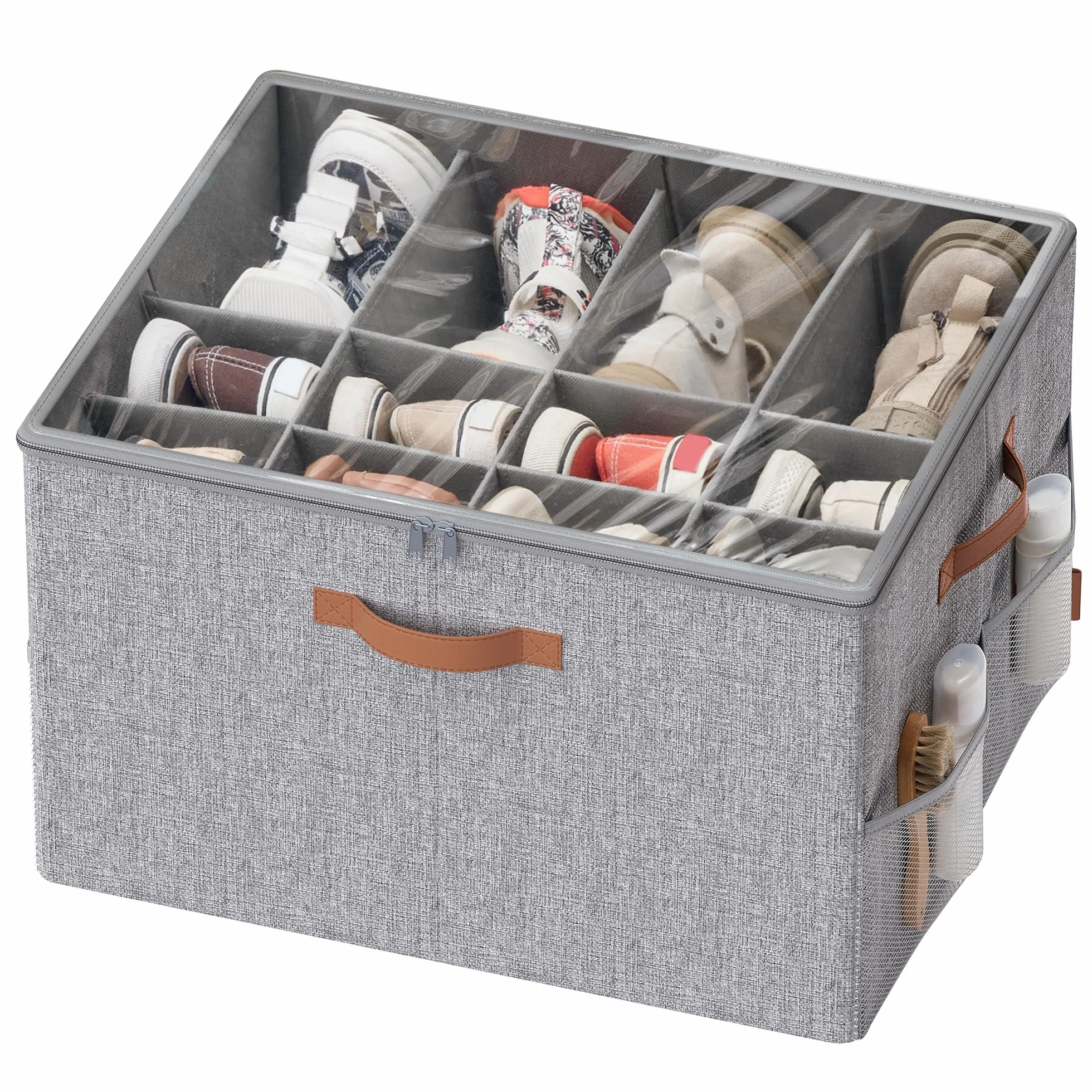 SONGMICS Organizer na buty, schowek na 16 par butów, pudełko na buty, uchwyty, oszczędzający miejsce, pudełko do przechowywania z przezroczystą pokrywą, regulowany, do szafy, gołębi szary LSP555G01