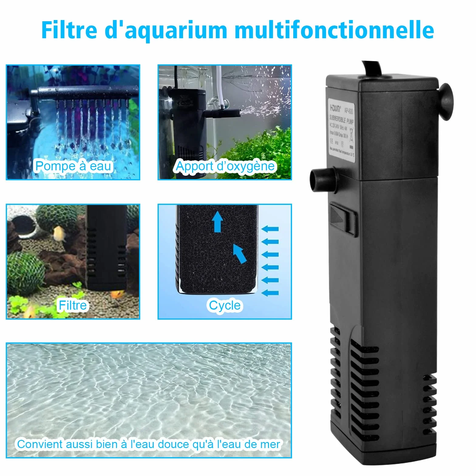 Filtr akwariowy wewnętrzny 4 W 300 L/H pompa z gąbkami filtrującymi do akwarium 60 L