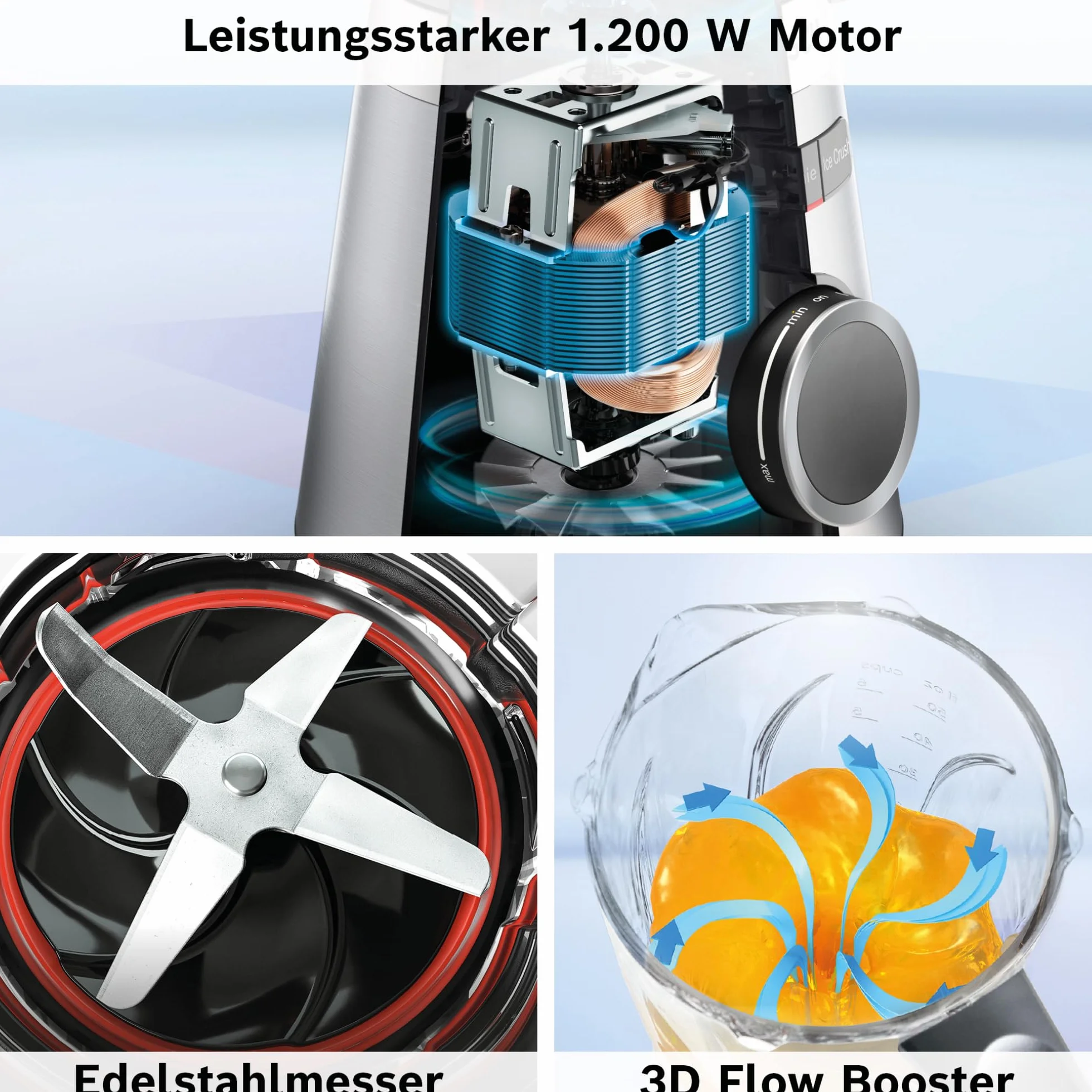 Bosch VitaPower seria 4 MMB6174S, wysokiej jakości ostrza ze stali nierdzewnej, szklany pojemnik 1,5 l, butelka na wynos 0,6 l, części nadające się do mycia w zmywarce, 30 000 obr./min, 1200 W,