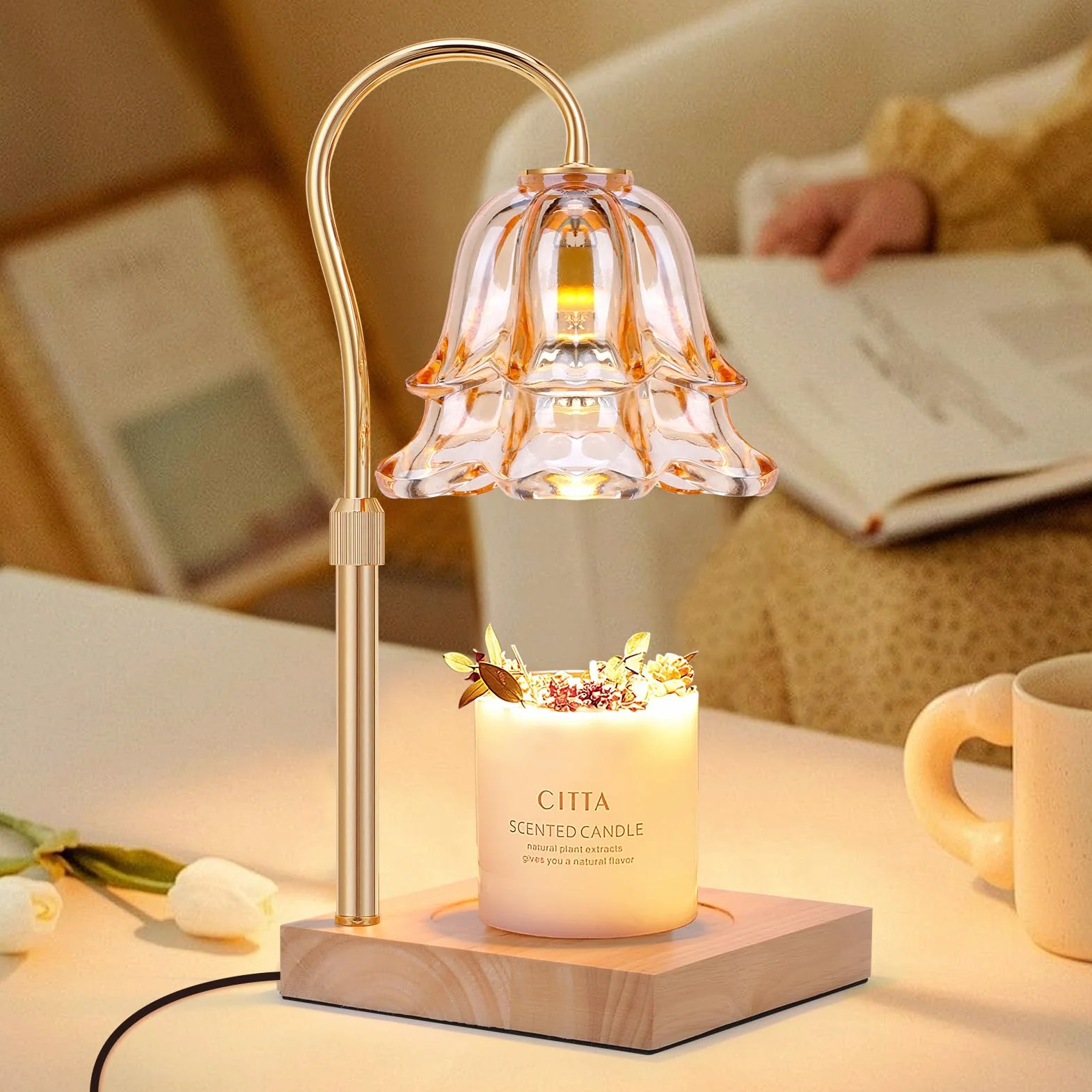 Lampa świeczkowa z timerem i regulatorem intensywności, Vintage podgrzewacz świec 2 żarówki