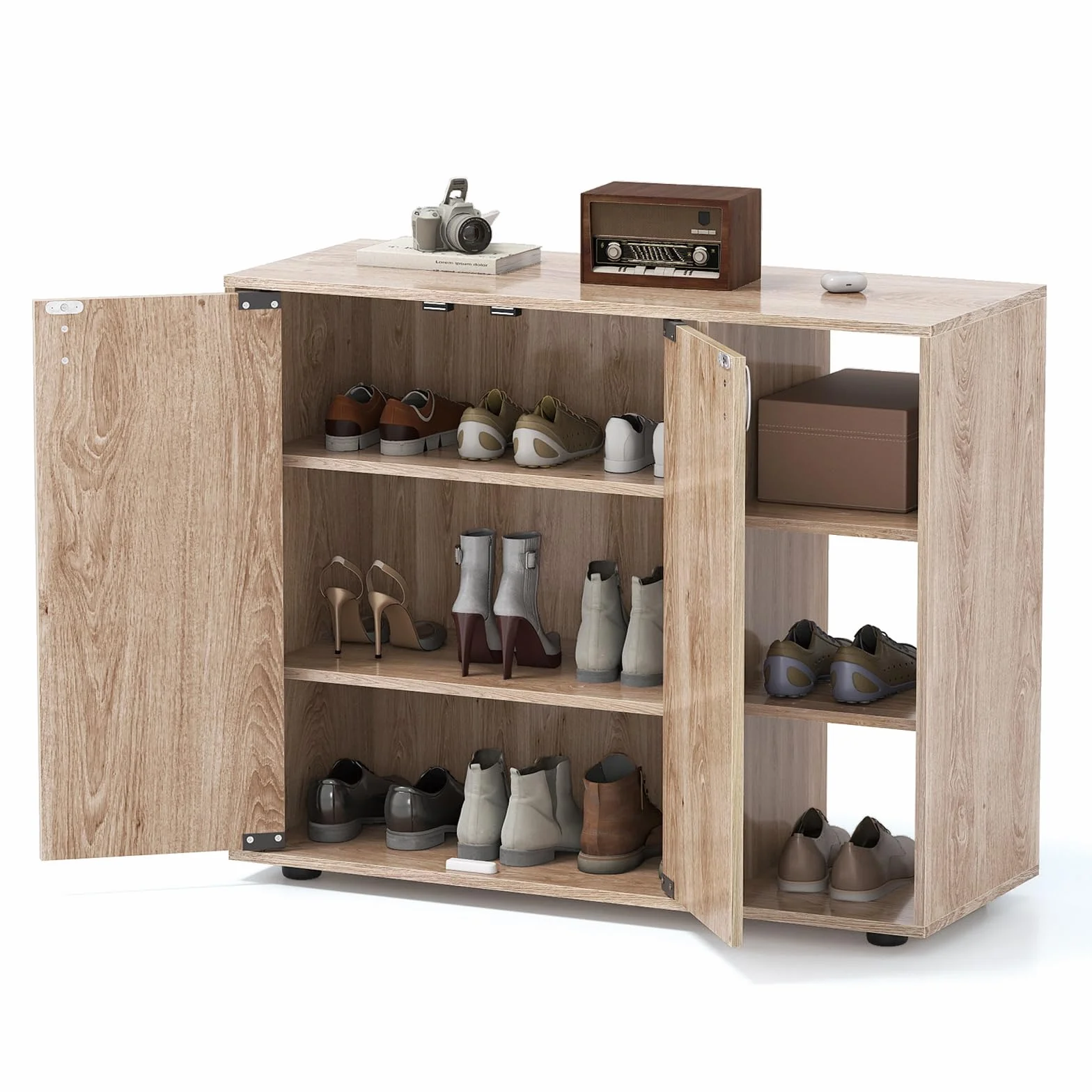 COSTWAY Szafka na Buty z 2 Drzwiami i Regulowanymi Półkami, Regał na Obuwie z 3 Otwartymi Przegrodami, Komoda do Korytarza i Salonu, 80 × 31 × 64,5 cm (Kolor Naturalny)