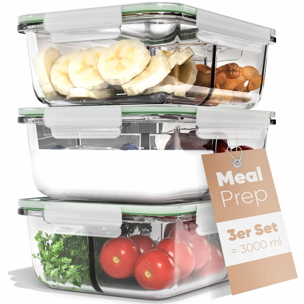 Meal Prep pojemniki szklane z przegródkami, zestaw 3 sztuk, szklane pojemniki z pokrywką, nadają się do zmywarki, kuchenki mikrofalowej i piekarnika, pojemniki na żywność, szklane z