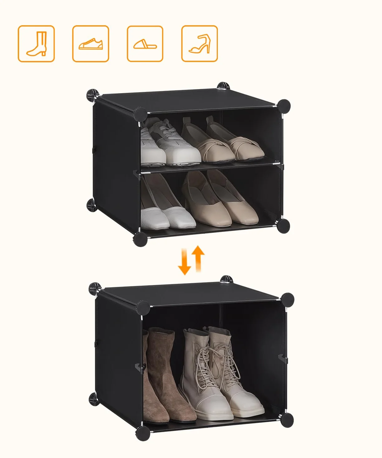 HOOBRO Regał na buty z 12 przegródkami, szafka na buty na 48 par butów, 40 x 30 x 30 cm na przegródkę, wąski, z drzwiami, tworzywo sztuczne, do salonu, sypialni, korytarza, wejścia, czarny EBK38SC01G1