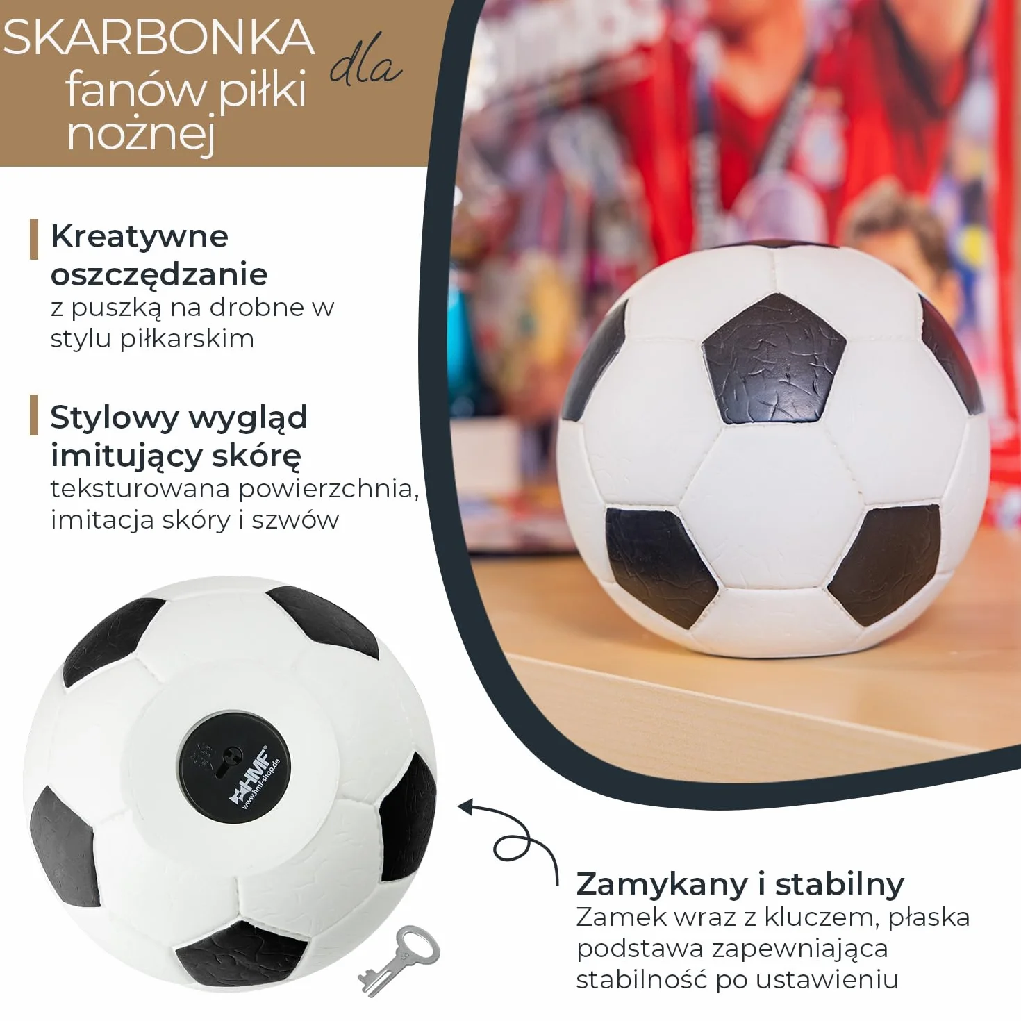 HMF 4790-06 skarbonka piłka nożna imitacja skóry 15 cm średnicy, zielono-biała