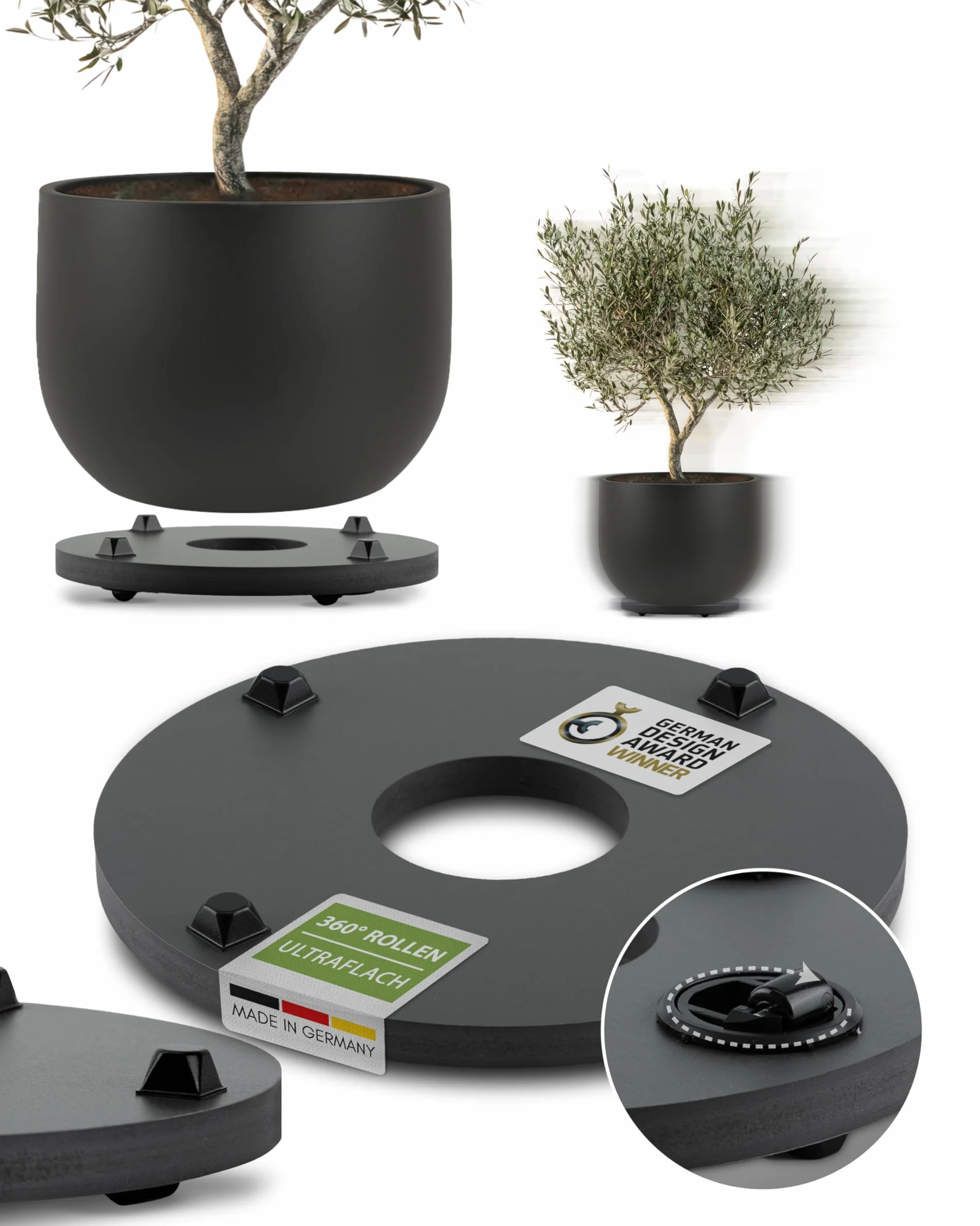 Pflanzwerk Podstawka pod donicę – ultrapłaski, designerski wałek na rośliny, Ø 28 cm, prostokątny i okrągły, do wszystkich doniczek i doniczek na kwiaty, do użytku wewnątrz i na zewnątrz