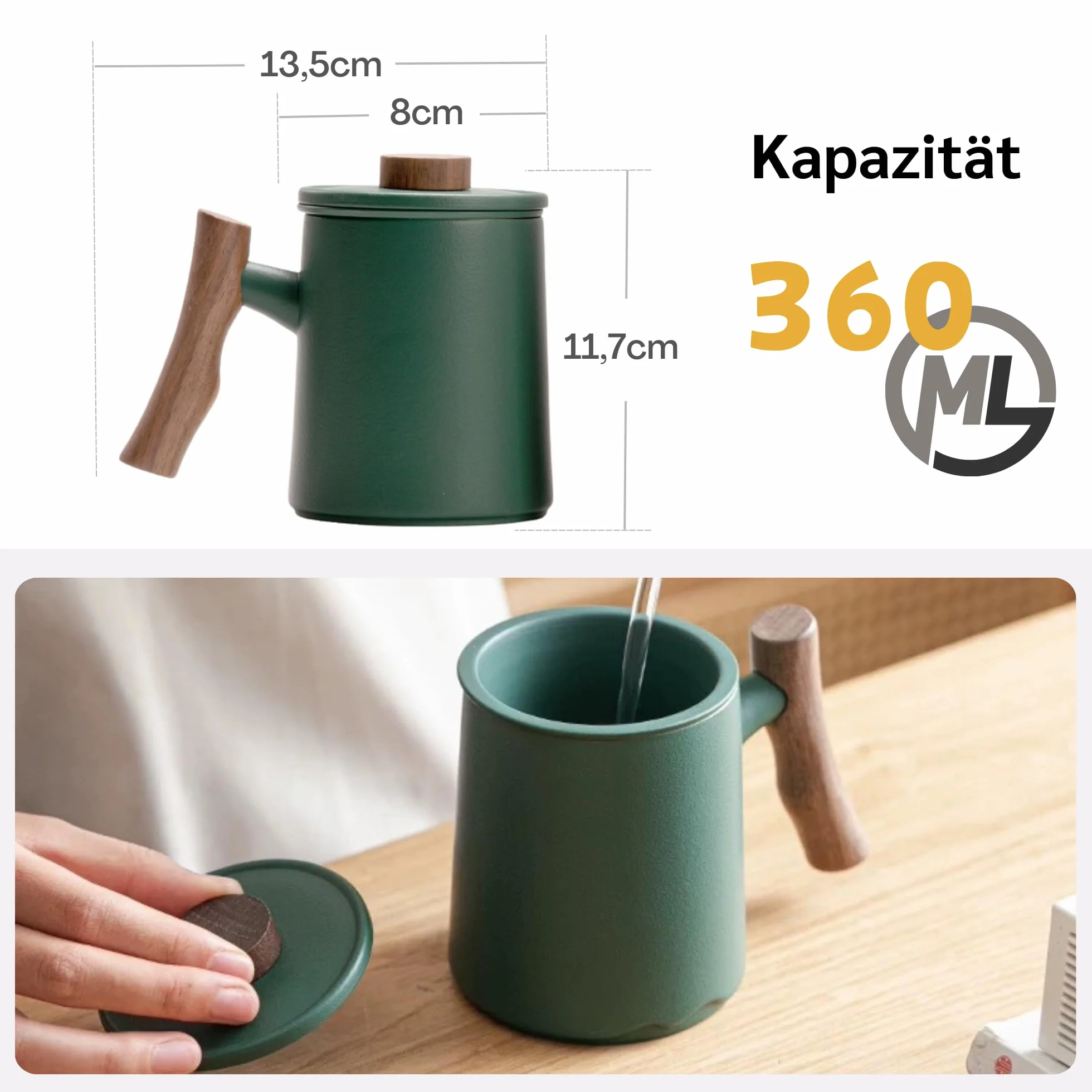 JanYoo Filiżanka do herbaty z pokrywką i sitkiem, 360 ml, uchwyt palisandru, ceramiczny kubek do herbaty, matowy, kamionkowy, glazurowane, do namaczania, zielona