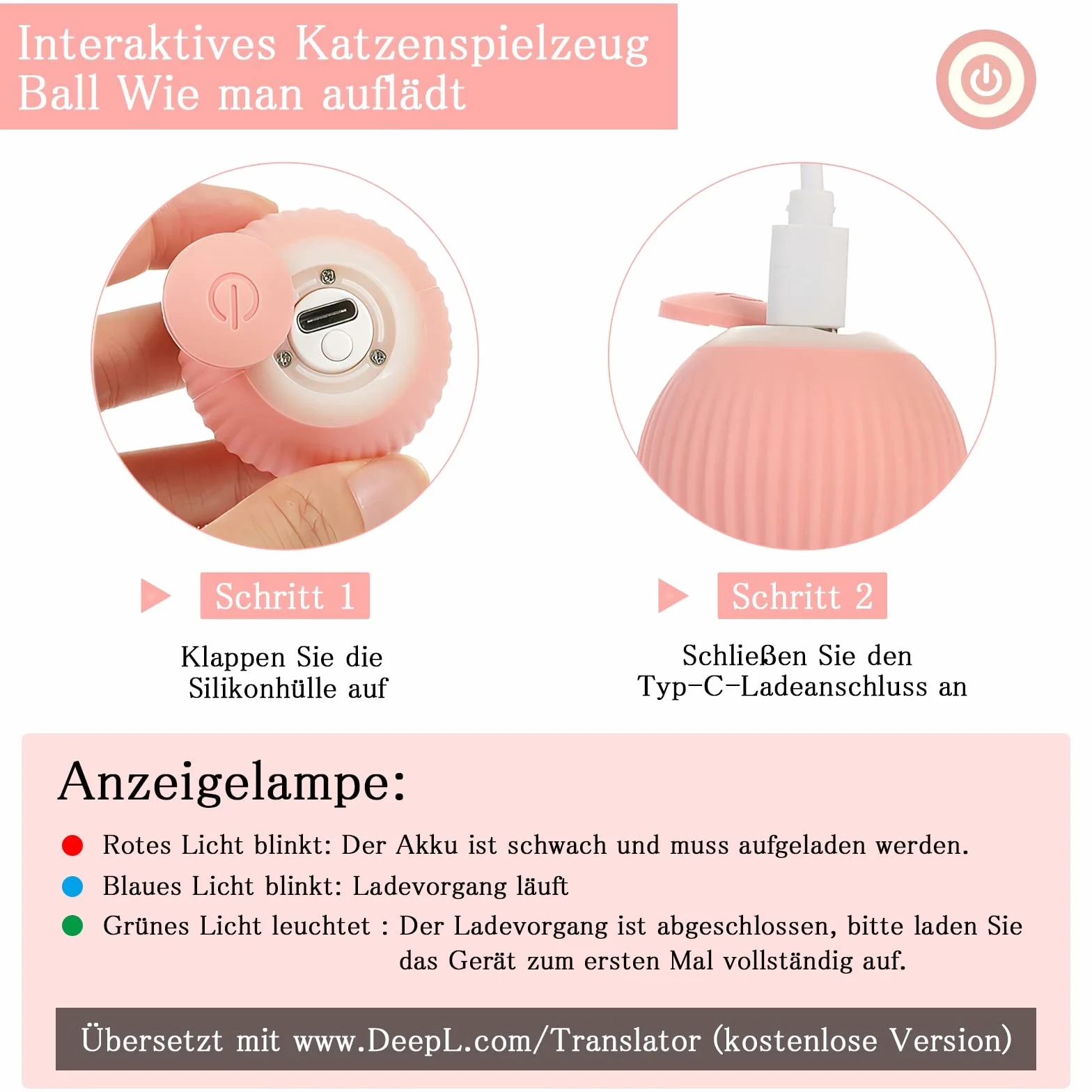 HENGBIRD Elektryczna zabawka dla kotów, piłka z oświetleniem LED, ładowana przez USB, interaktywna zabawka dla kotów, piłka 2.0, elektryczna piłka dla kotów (różowa)
