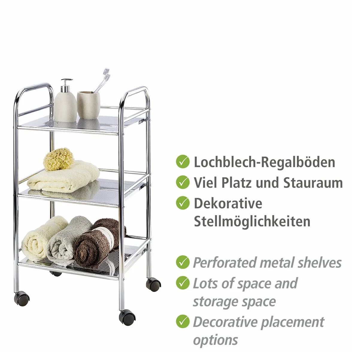 WENKO 12285100 Ekskluzywny wózek do użytku domowego i łazienkowego – mobilny stojak łazienkowy, 3 półki, stal, 41 x 75 x 32 cm, chrom