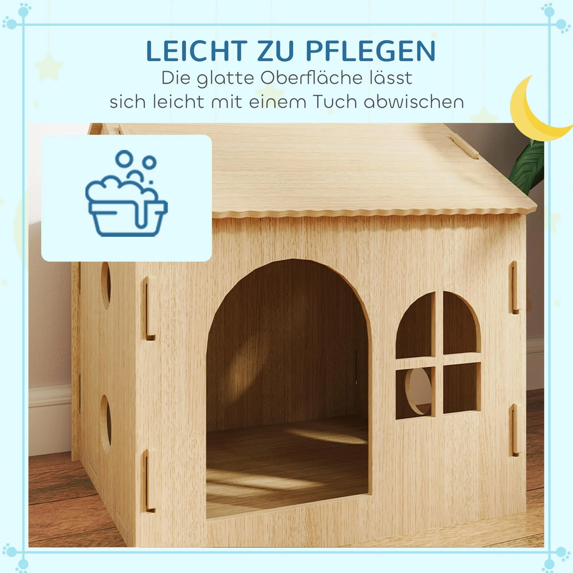 PawHut Buda dla psa z oknem, domek dla kotów z uroczym wzorem łap, montaż bez śrub, dla małych psów poniżej 4 kg, do wnętrz, 49,5 x 41 x 51 cm, dąb