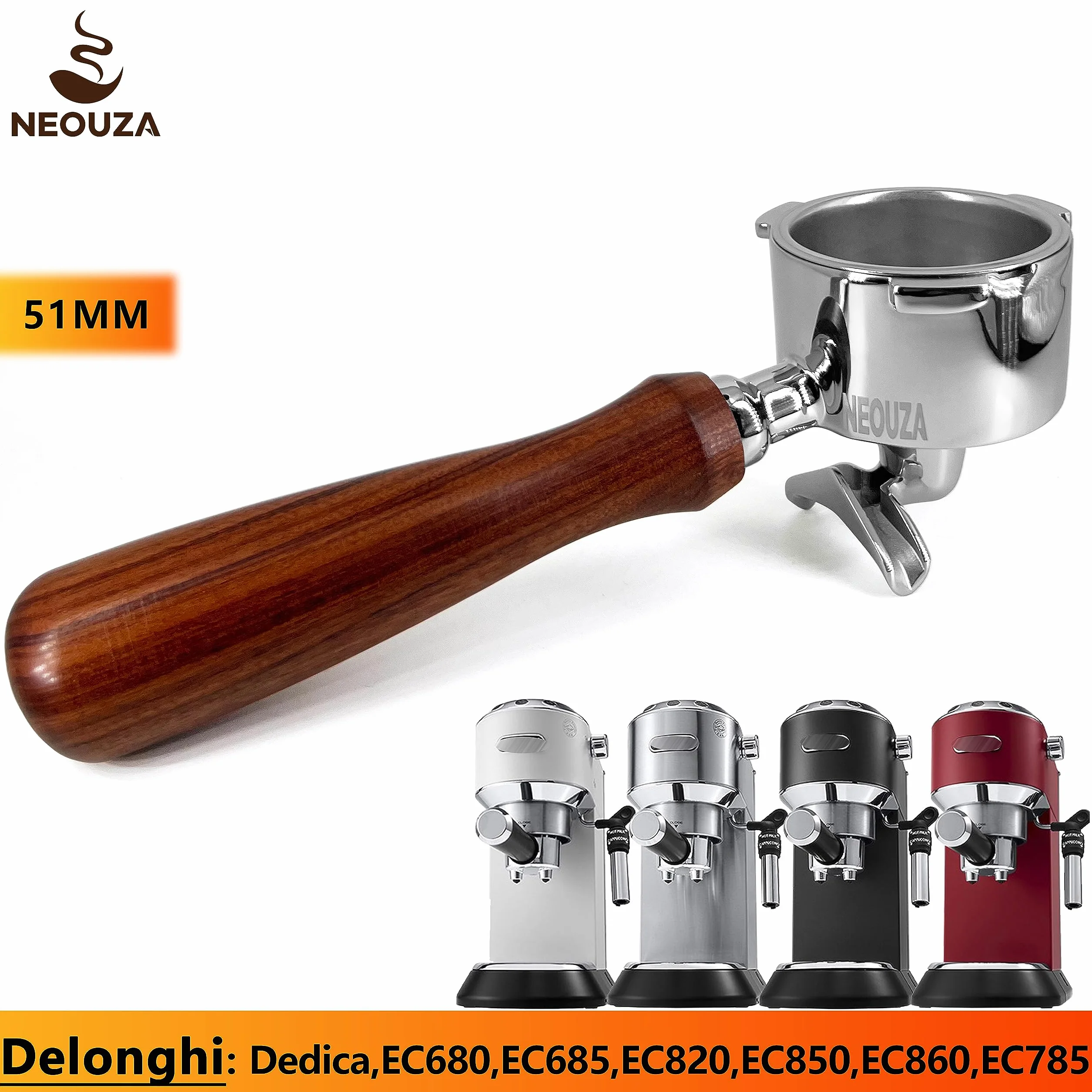 NEOUZA Portafilter do espresso, 51 mm, kompatybilny z ekspresem do kawy DeLonghi Dedica EC680 EC685 Smeg, kosz, bez ciśnienia, podwójne wylewki (3 uszy)