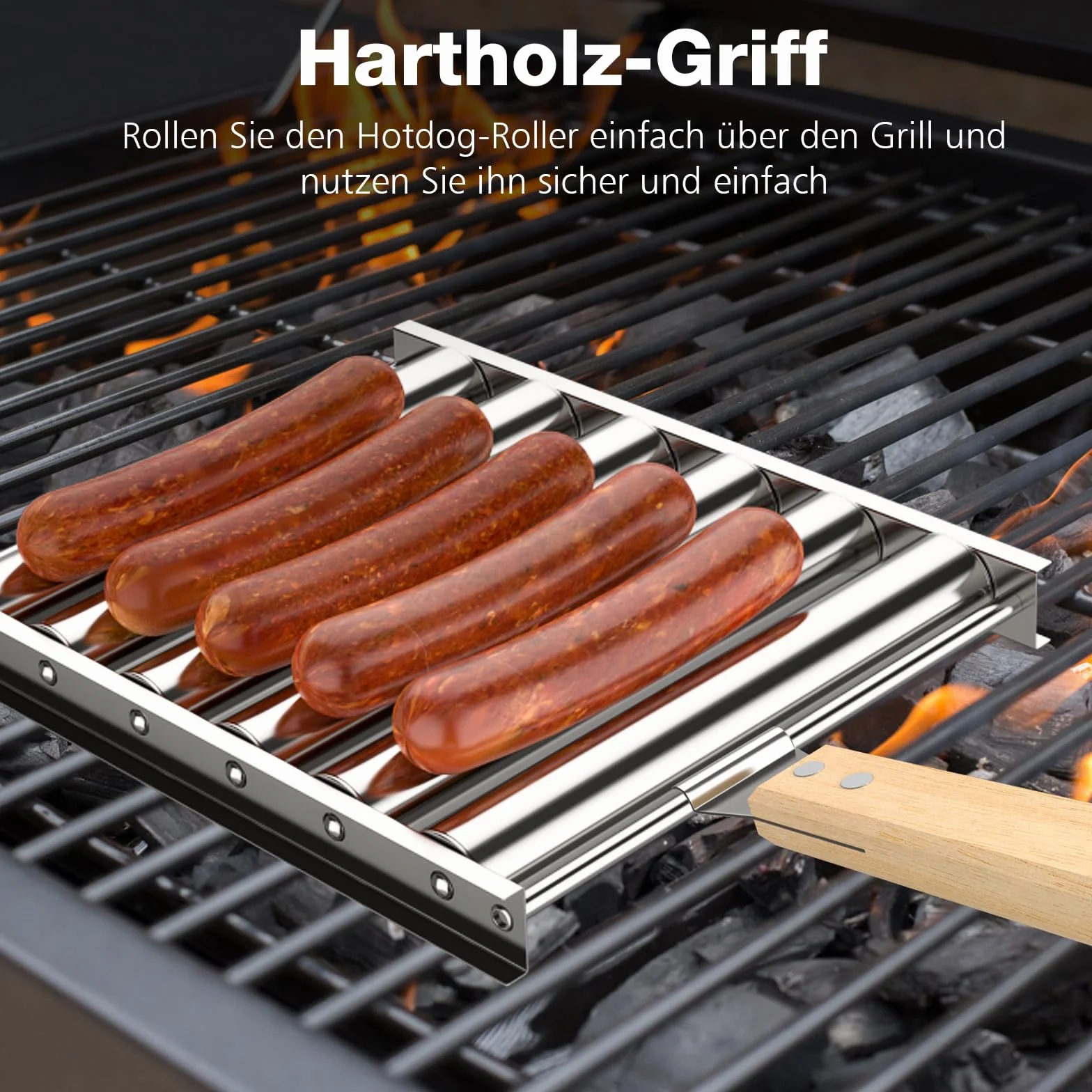 CLOPAE Hulajnoga do grillowania hot dogów, z drewnianym uchwytem, do równomiernego przyrządzania hot dogów
