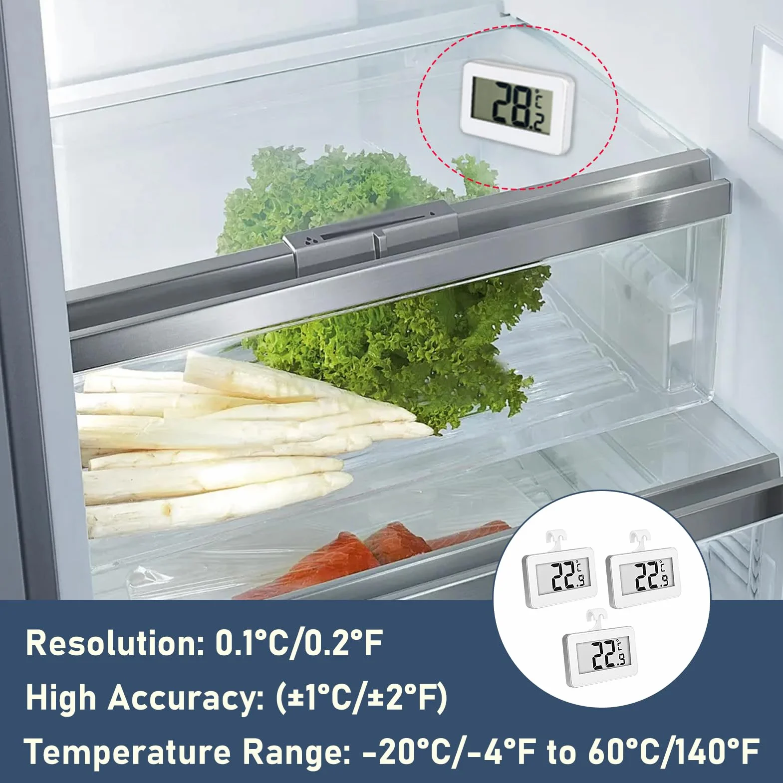 3 szt. Cyfrowy termometr do lodówki i zamrażarki, mini termometr na lodówkę LCD Freeze z wyświetlaczem i haczykiem do użytku domowego, kuchni, restauracji, barów samochodowych, łatwy odczyt -20°C do