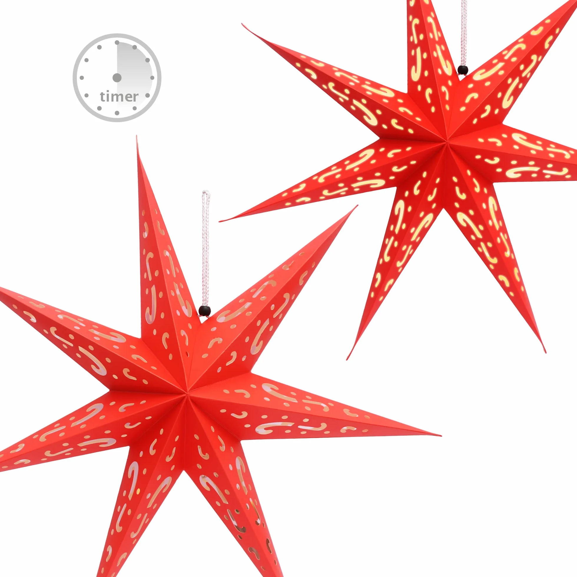 com-four® 3 swiecace gwiazdy 3D LED 60 cm – gwiazda swiateczna z oswietleniem i timerem – premium gwiazda papierowa do zawieszenia (czerwony/srebrny/bialy - Wzór 1)