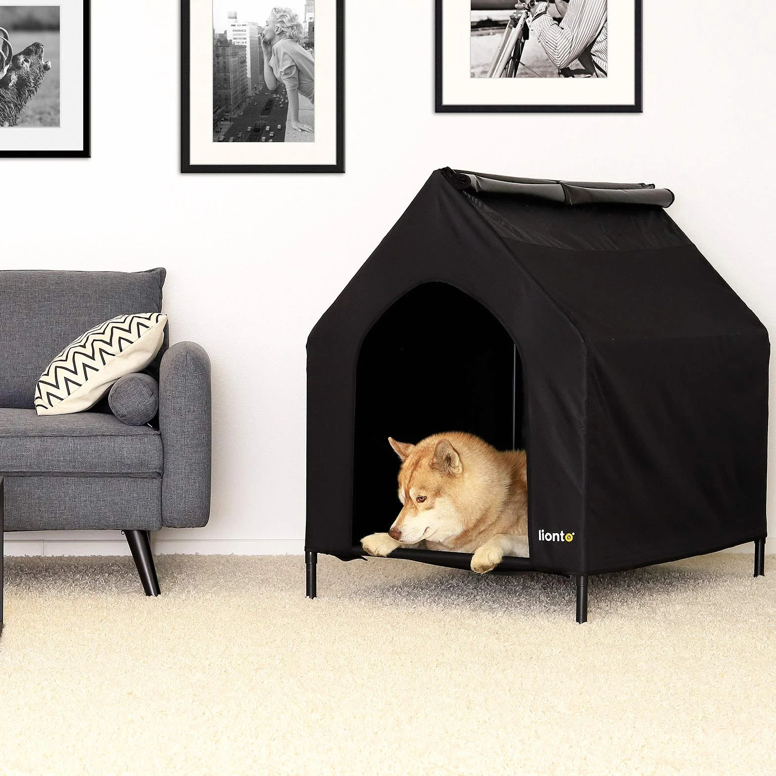 lionto Leżanka outdoor z dachem, 110x75x105 cm, wodoodporne i odporne na zadrapania Oxford, przewiewna siatka, podniesione łóżko dla psa do 60 kg, czarne