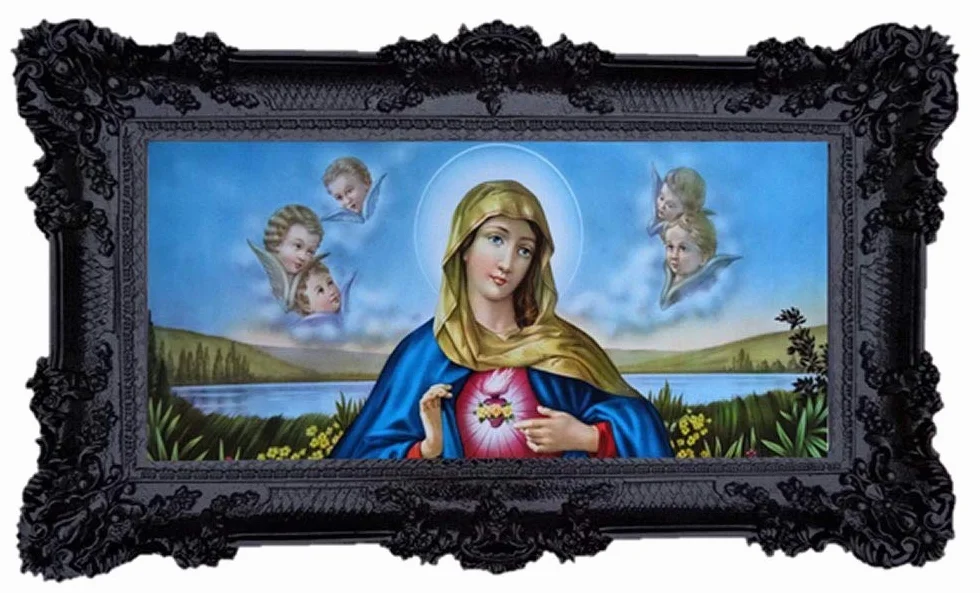 A.Collino piękny repro barokowy antyczny wygląd oprawiony obraz z ozdobnymi dekoracjami, zamontowany w ramie, motyw Jezus Maryja Józef Sacra rodzina ikony Repro 96 x 57 cm - czarny