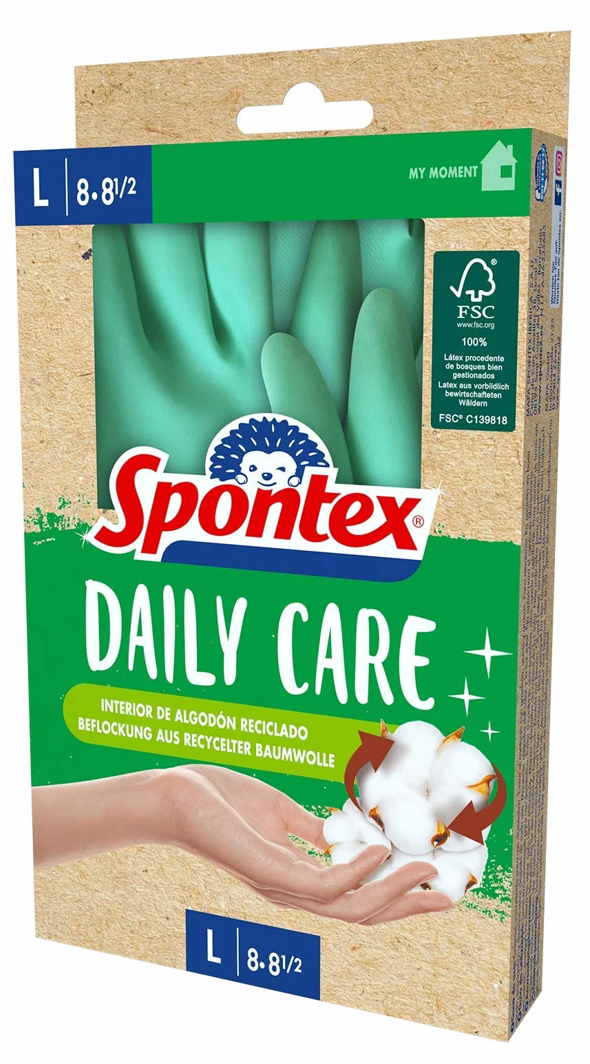 Spontex Daily Care rękawice domowe ze 100% lateksu z certyfikatem FSC, z podszewką z bawełny pochodzącej z recyklingu, do wszystkich prac związanych z czyszczeniem i pielęgnacją, 1 para, rozmiar L