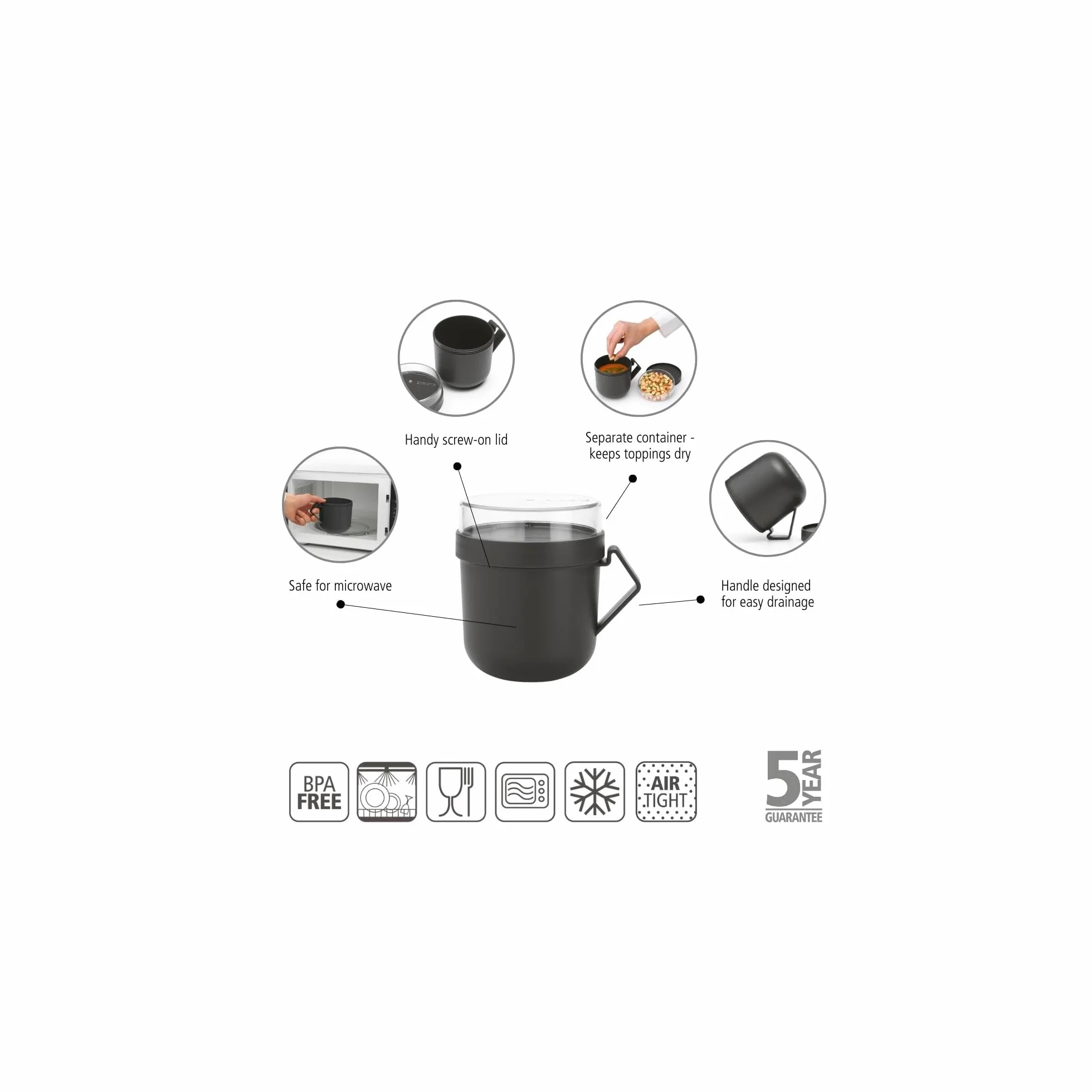Brabantia - Make & Take Kubek na Zupę 0.6L - Odkręcany Pojemniki na Dodatki (180 ml) & Uchwytem - Szczelny - Nadaje się do Zamrażarki, Zmywarki & do Mikrofalówki - Dark Grey