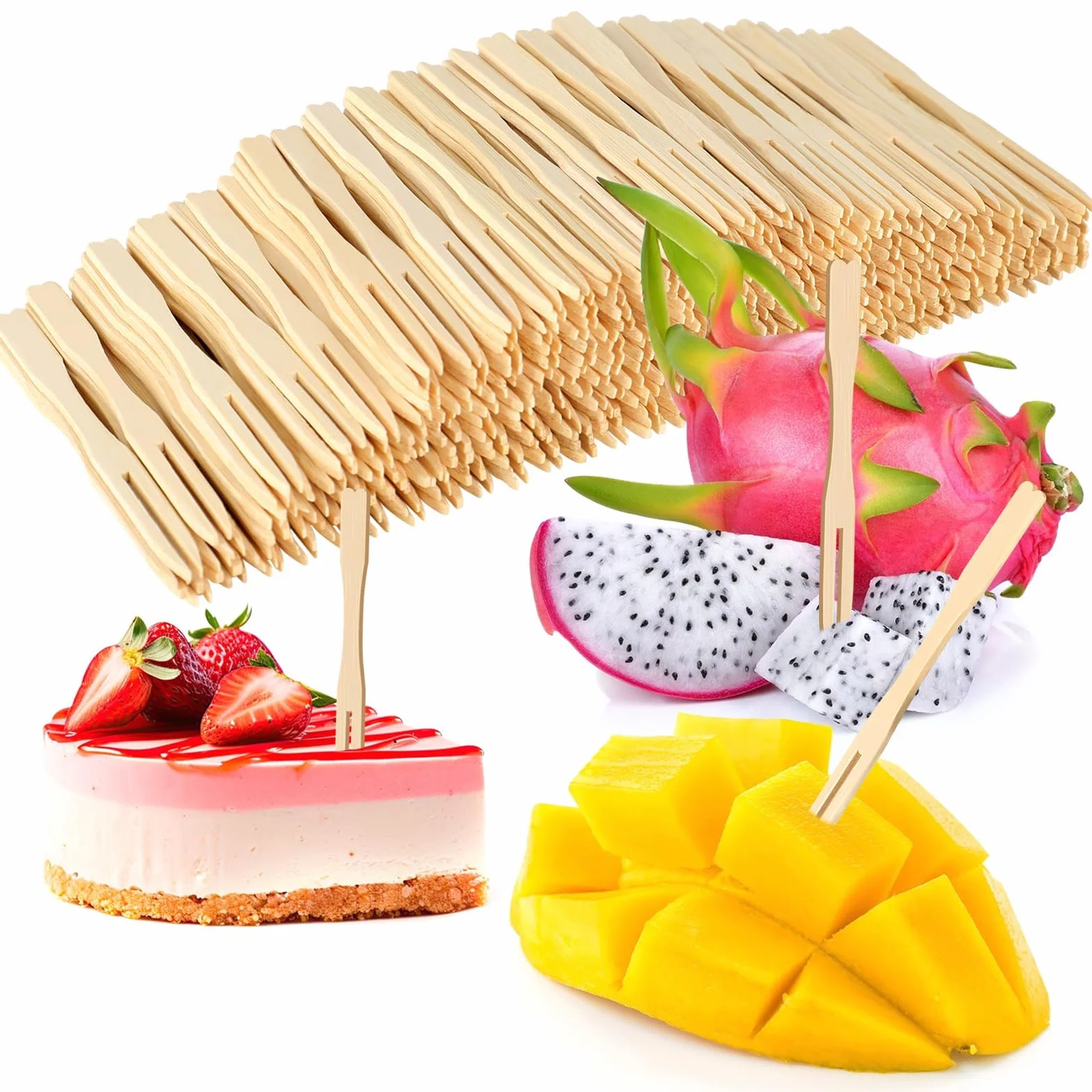Mini bambusowe widelce do przystawek, 300 szt. jednorazowe widelce 8,9 cm, małe kostki do jedzenia na imprezę, drewniane kostki koktajlowe widelce do owoców, przekąsek, deserów