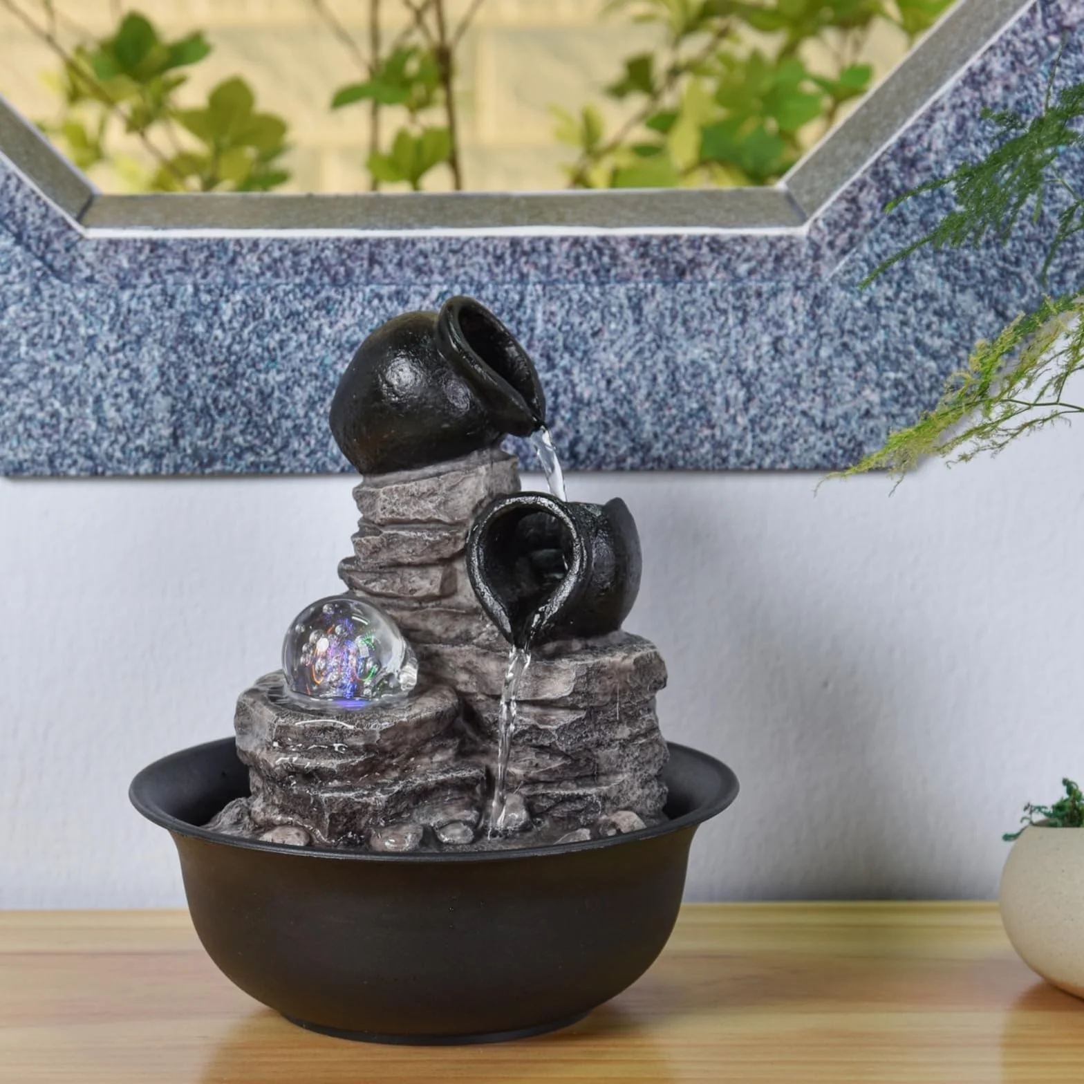 Fontanna wewnętrzna wodospad słoik natura zen relaksujące kolorowe światło, pomysł na prezent na imprezę, ruchoma dekoracja - fontanna stołowa, Feng Shui obiekt dekoracyjny, H25cm - Verso Zen'Light