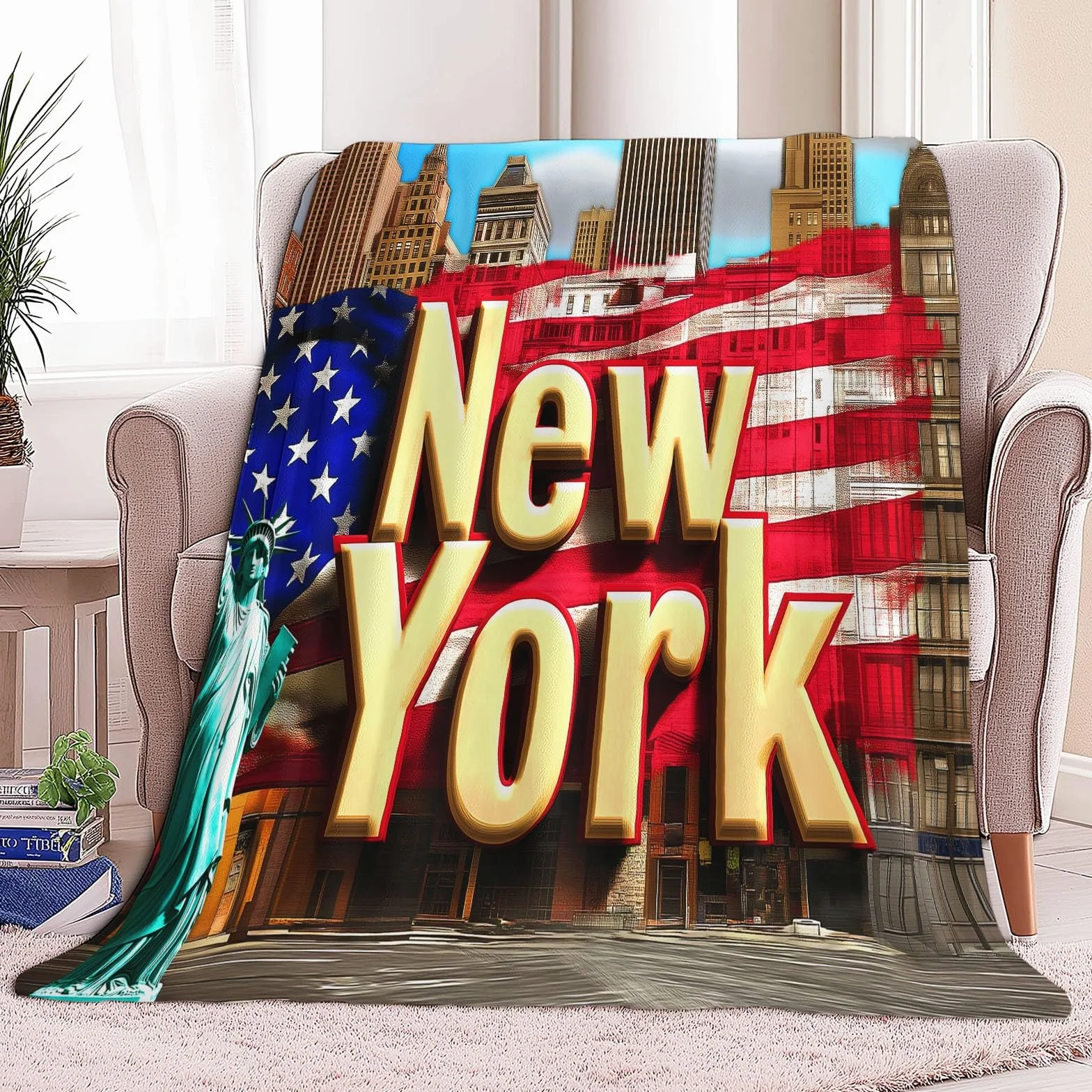 Koc w kratę 3D, tekst New York, duży rozmiar, miękki i ciepły flanelowy koc, wygodny dla dzieci i dorosłych, 220 x 240 cm