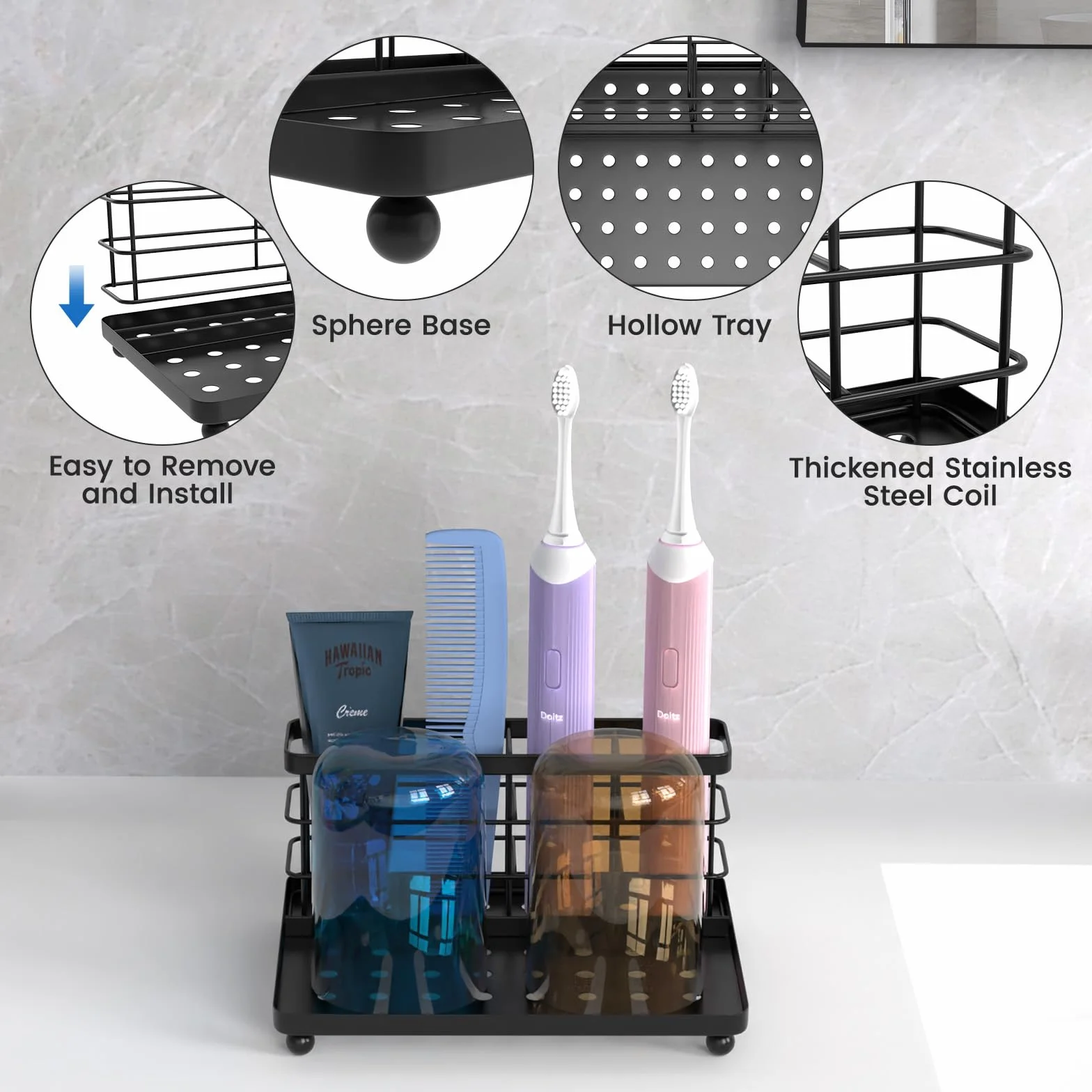 Luxspire Toothbrush Holder, 3-Slot Electric Toothbrush Holder with Detachable Tray, Stainless Steel Holder for Toothbrush Toothpaste Razor, Toothbrush Caddy for Bathroom Countertop Hotels, Black