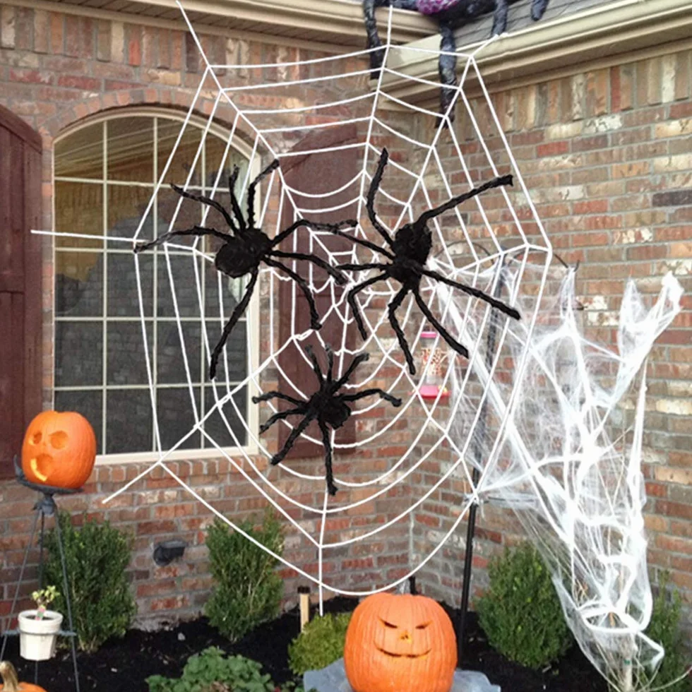 Ogromna dekoracja pająka na Halloween, 3,5 m + trzy gigantyczne pająki + 40 g rozciągliwa kolba sieciowa do dekoracji halloweenowych wewnątrz i na zewnątrz