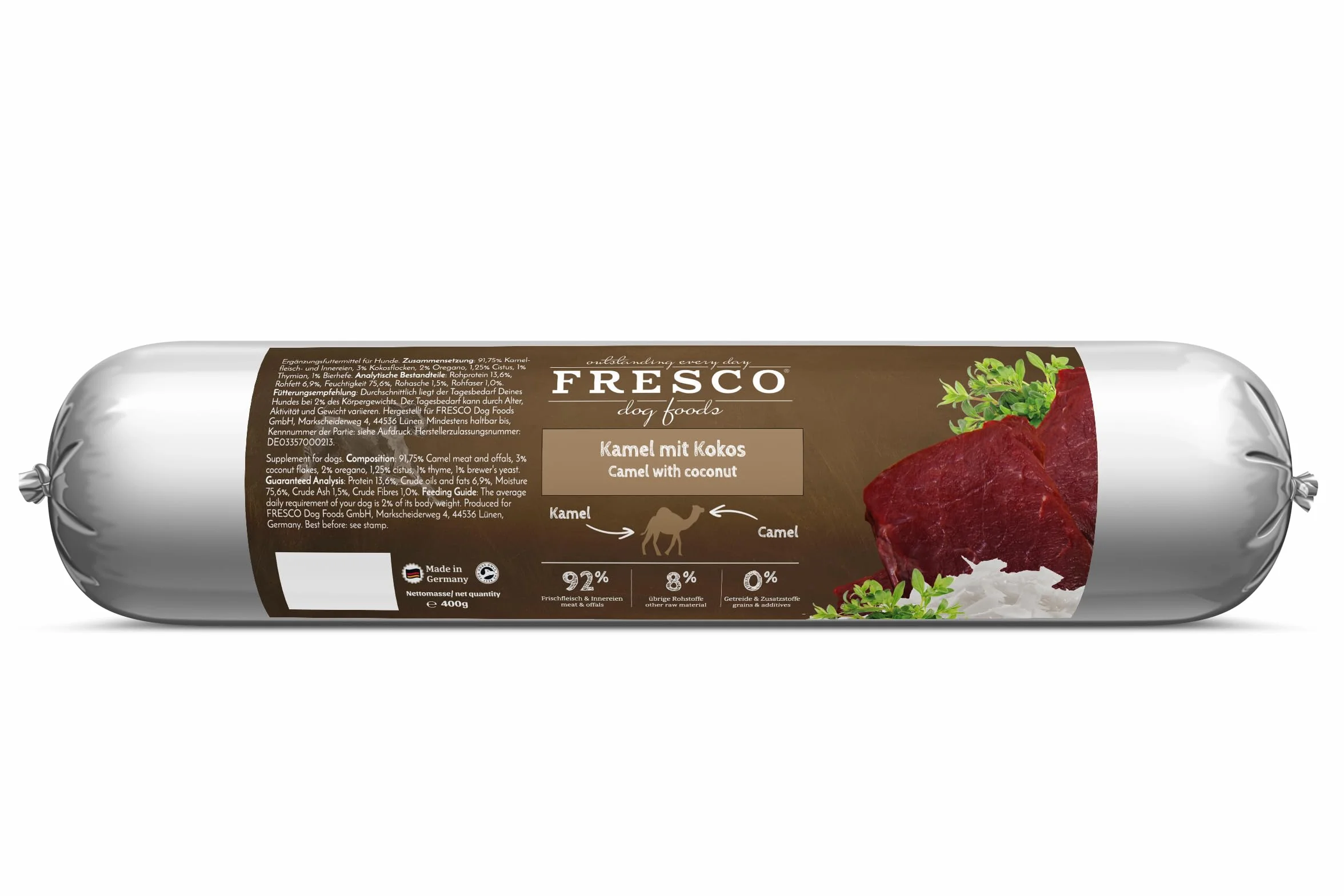 Fresco Dog Barf Wurst Kompletne menu wielbłąda z kokosem | dwupak | 2 x 400 g | karma dla psów z wielbłądem z kokosem | może pomóc w optymalnej pielęgnacji psów