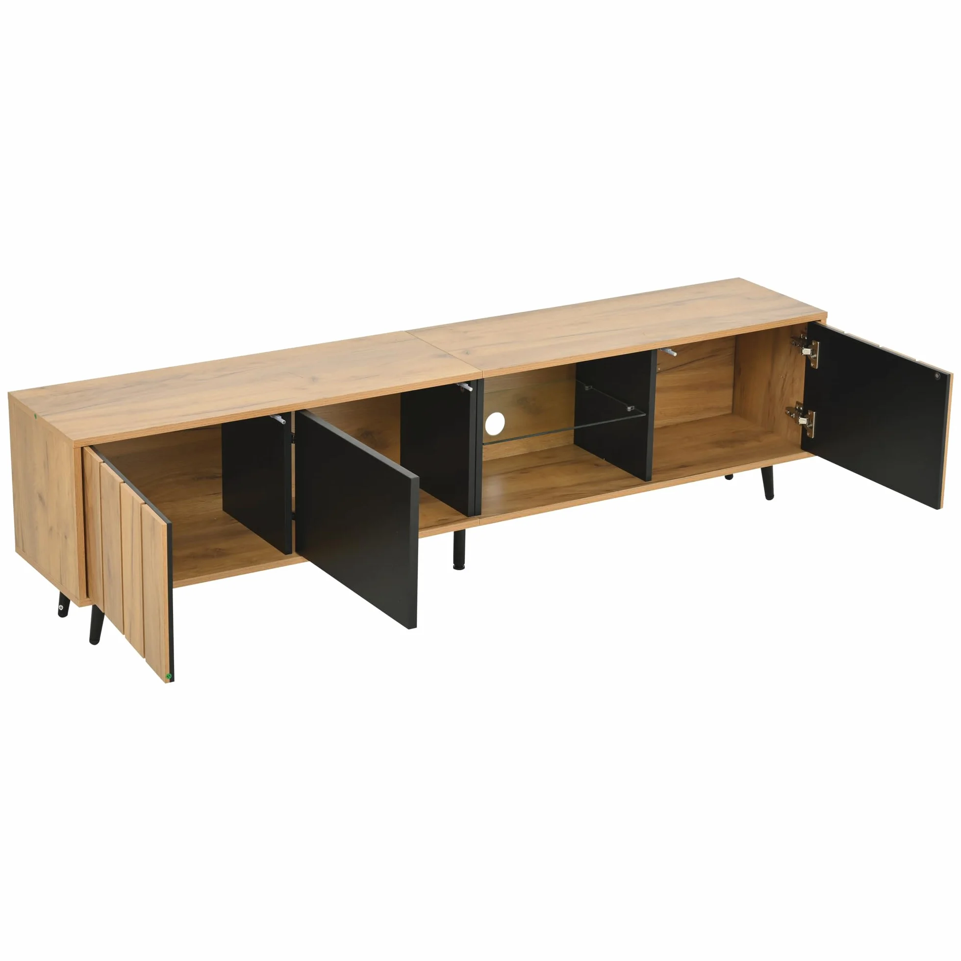 175 x 31,5 x 45 cm szafka pod telewizor do salonu, szafka TV z 3 szafkami, prosta szafka do salonu z oryginalnym kolorem drewna + czarny splot, pasuje do telewizorów o przekątnej ekranu 75"