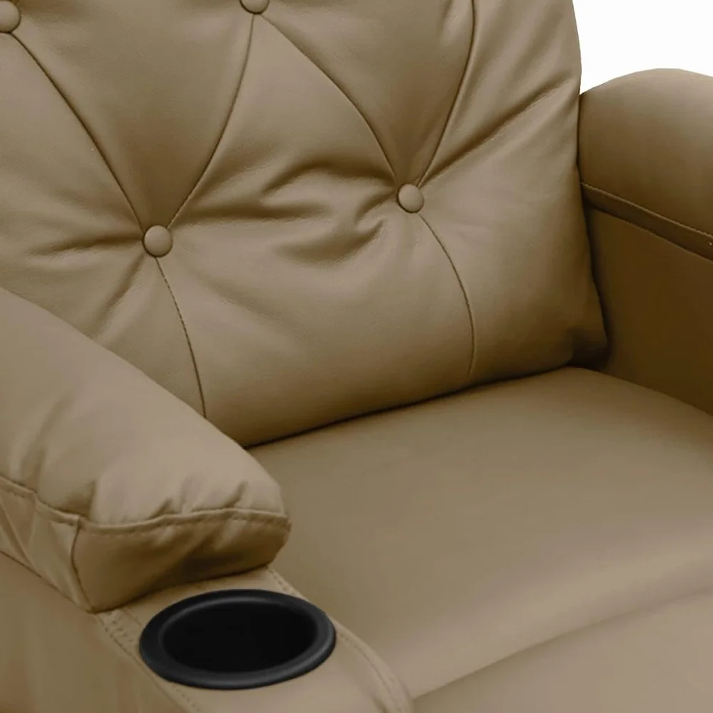 Fotel relaksacyjny Cappuccino-brązowy sztuczna skóra z regulowanym oparciem i podnóżkiem, stabilna rama drewniana i metalowa, ergonomiczny, wygodny fotel do salonu i kącika do czytania