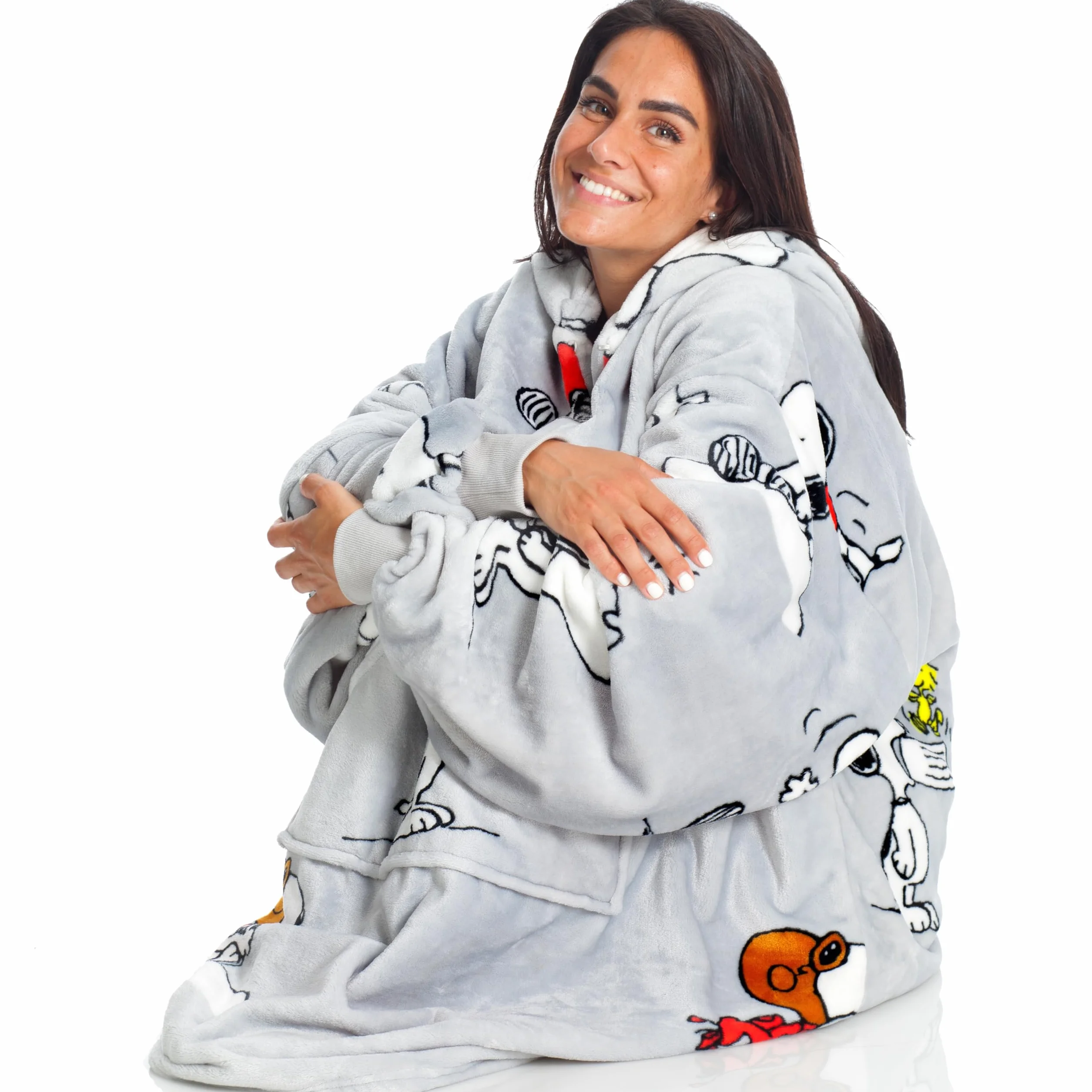 KANGURONE SNOOPY Bluza z kapturem, przenośny koc z mikrofibry mięsnej, z kapturem i kieszenią, pomysł na prezent dla kobiet i mężczyzn, bluza z kapturem oversize, jasnoszara, 95 x 95 cm
