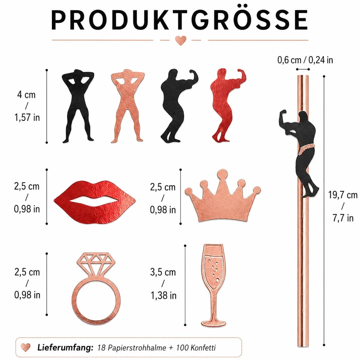 18 sztuk papierowych słomek w kolorze różowego złota + muskularny konfetti, 18 cm, bez plastiku, biodegradowalne słomki do picia, na wesela, imprezy, urodziny i Boże Narodzenie