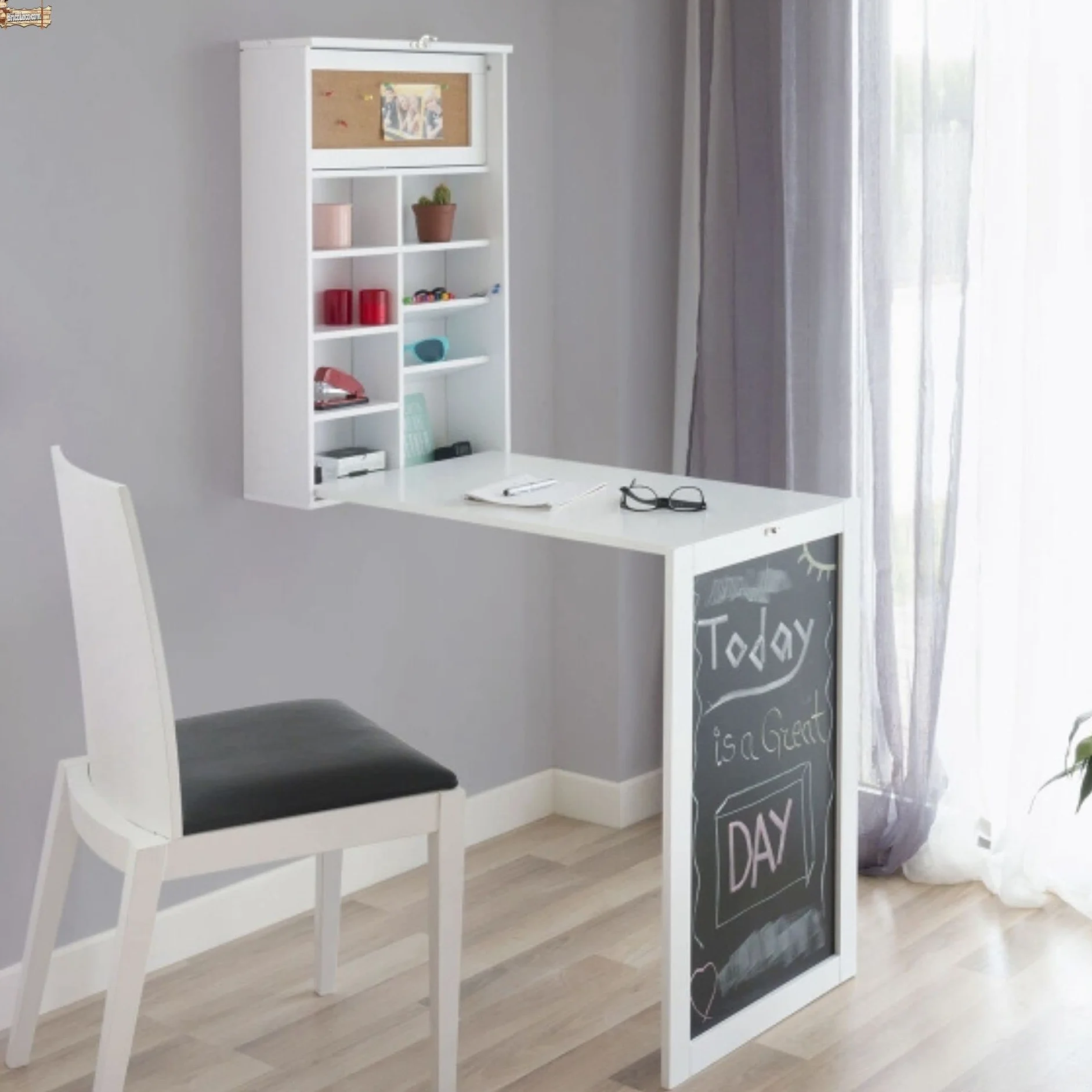 BricoLoco.com Składane biurko Ściana Stół Studio lub Pomocniczy Składany Kuchnia lub Jadalnia System Podnoszony Biurko Wiszące Drewniane Półki Organizator, Tablica Łupek i Cork.
