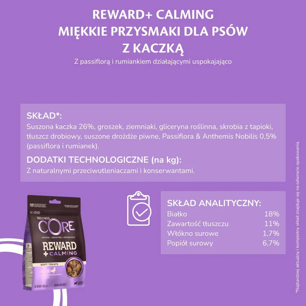 Wellness CORE Reward+ Wyciszenie 170g Kaczka i Rumianek Miękkie Przysmaki dla Psów Bezzbożowe Hipoalergiczne