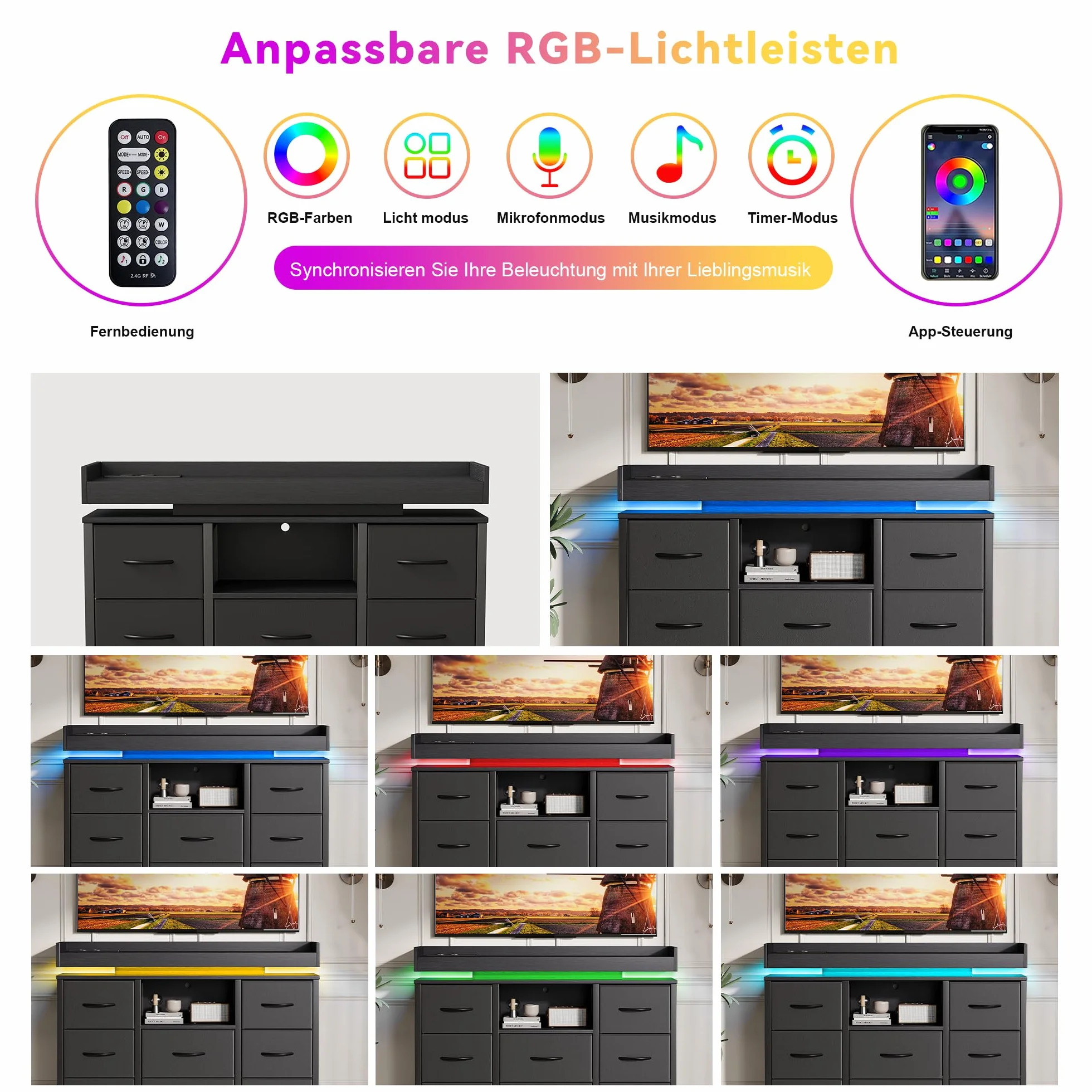 komoda z oświetleniem LED, komoda z 8 szufladami i otwartą półką, szafka w stylu vintage z 2 USB i 2 gniazdami AC, do sypialni, salonu, korytarza, stabilna z zabezpieczeniem przed przewróceniem