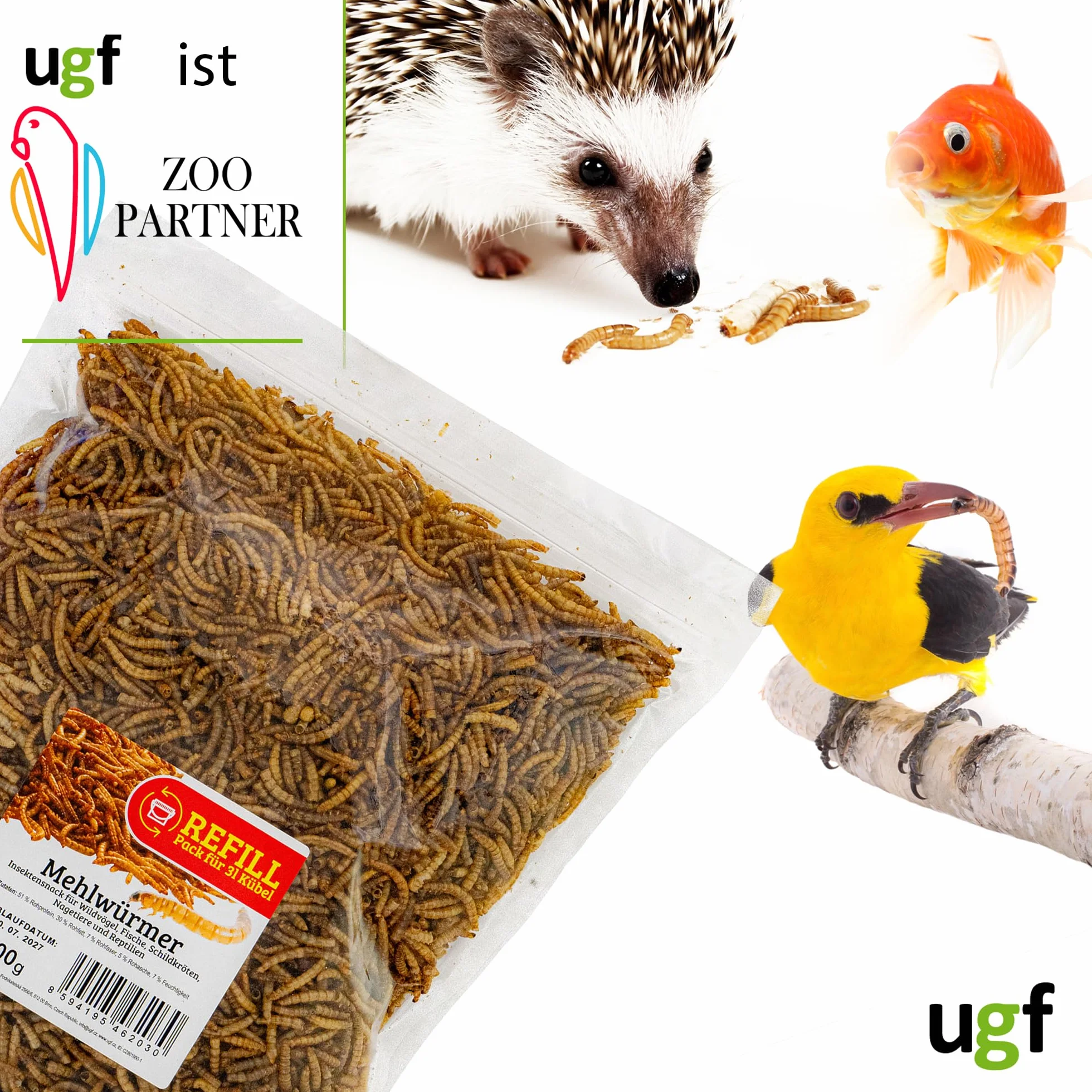 UGF - Premium suszone robaki mączne, 500 g, karma dla dzikich ptaków przez cały rok, karma dla jeży, karma dla wiewiórek, karma dla chomików