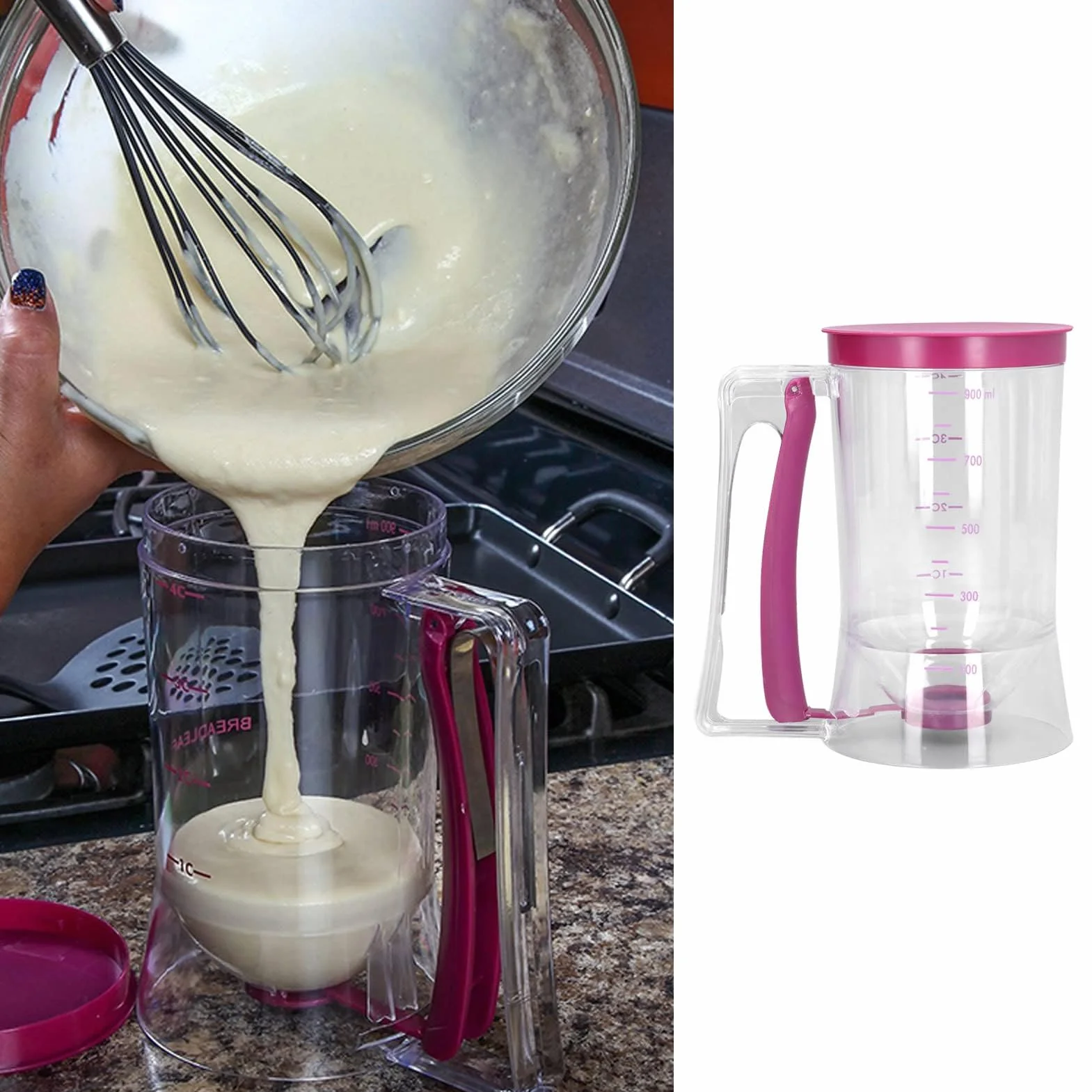 Dozownik do ciasta, dozownik ciasta, miarka, dozownik do ciast, z pokrywką i skalą, do babeczek, muffinek, naleśników, wafli, wylewania ciasta, 900 ml
