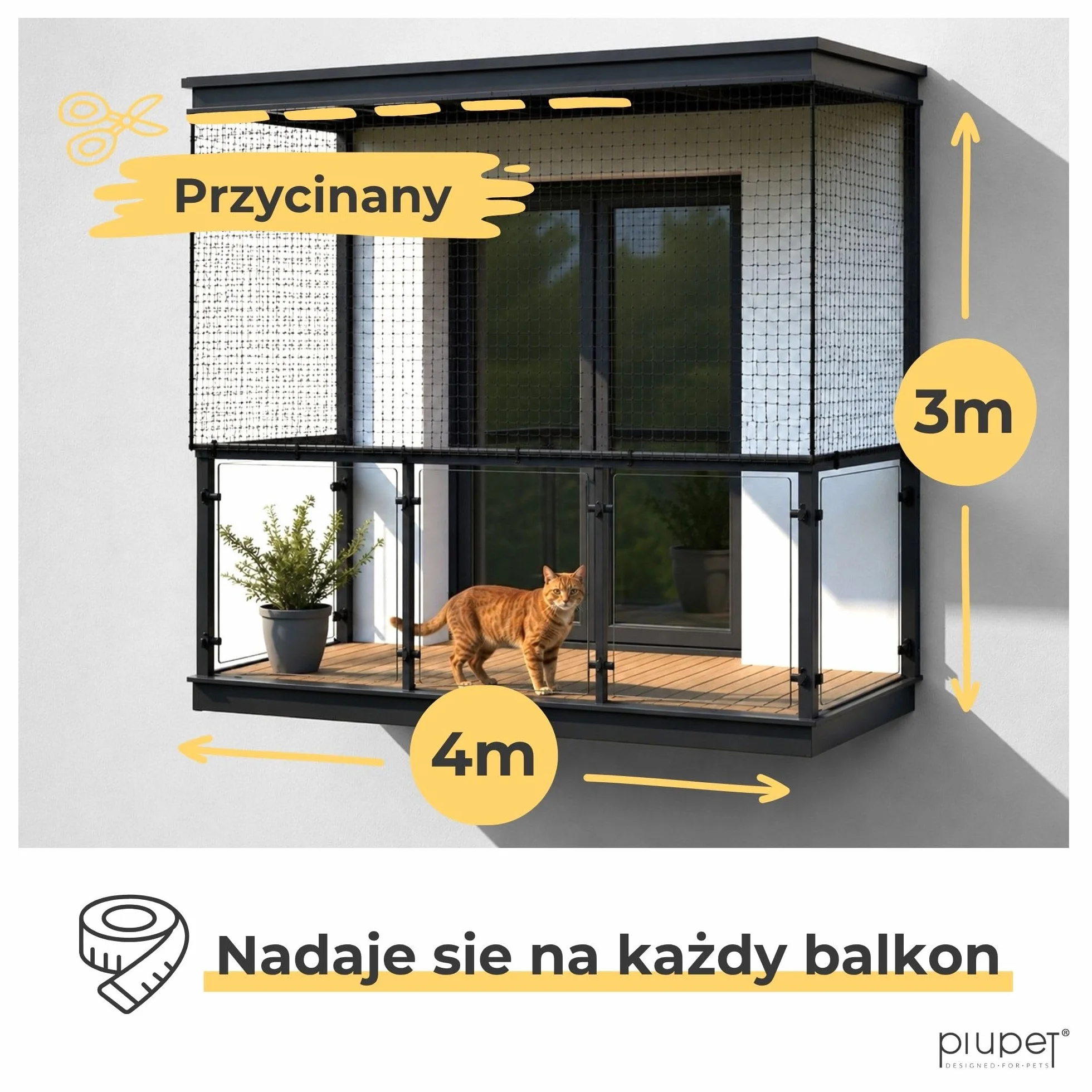 PiuPet® Siatka dla kota wzmocniona drutem 4 x 3 m, na balkon i okno, w zestawie zestaw do mocowania, siatka balkonowa dla kotów, czarna