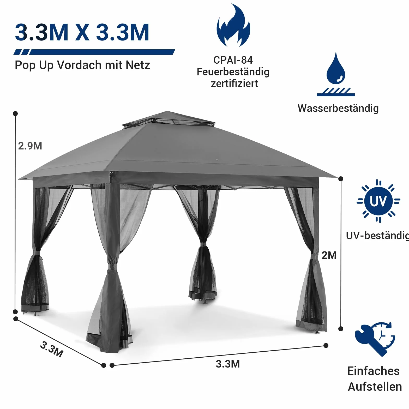 UDPATIO Pawilon Pop Up 3 x 3, wodoszczelny, stabilny, odporny na warunki zimowe z podwójnym dachem, moskitierą i 4 workami na piasek, metalowe podpory, pawilon ogrodowy na taras, imprezę, do ogrodu