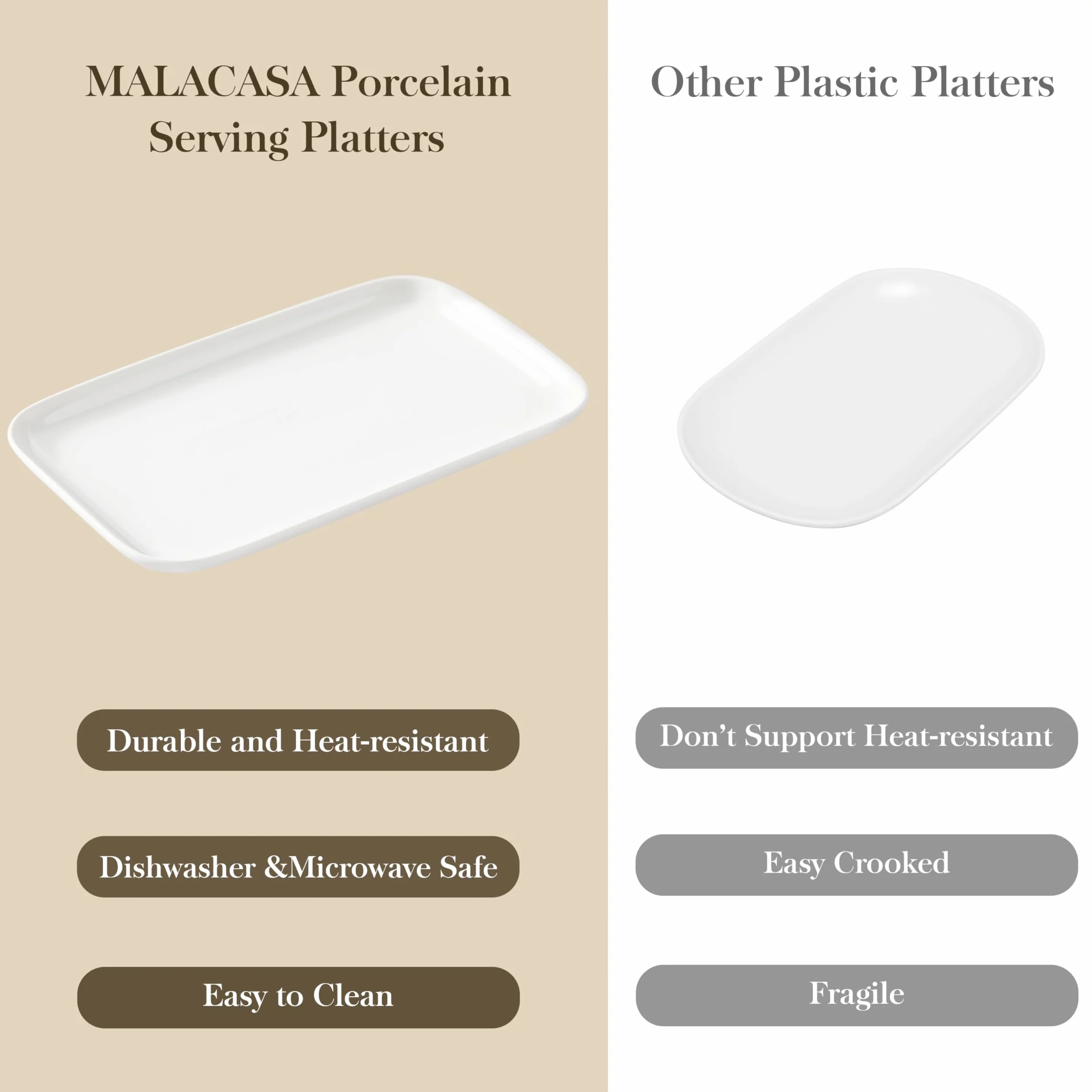 MALACASA Zestaw 4 talerzy do serwowania, porcelanowe, duże tace do serwowania, 30 cm, prostokątne białe przekąski do serwowania potraw na imprezę, wesele, deser, możliwość mycia w zmywarce i kuchence