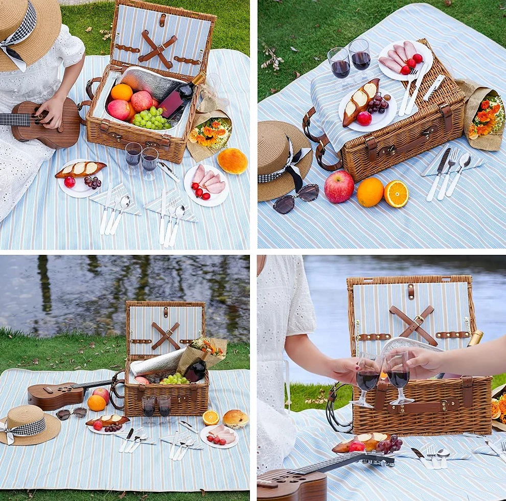 HappyPicnic Wiklinowy kosz piknikowy dla 4 osób, Willow Storage Hamper, zestaw upominkowy na kemping i imprezę na świeżym powietrzu (rozmiar M dla 2 osób)