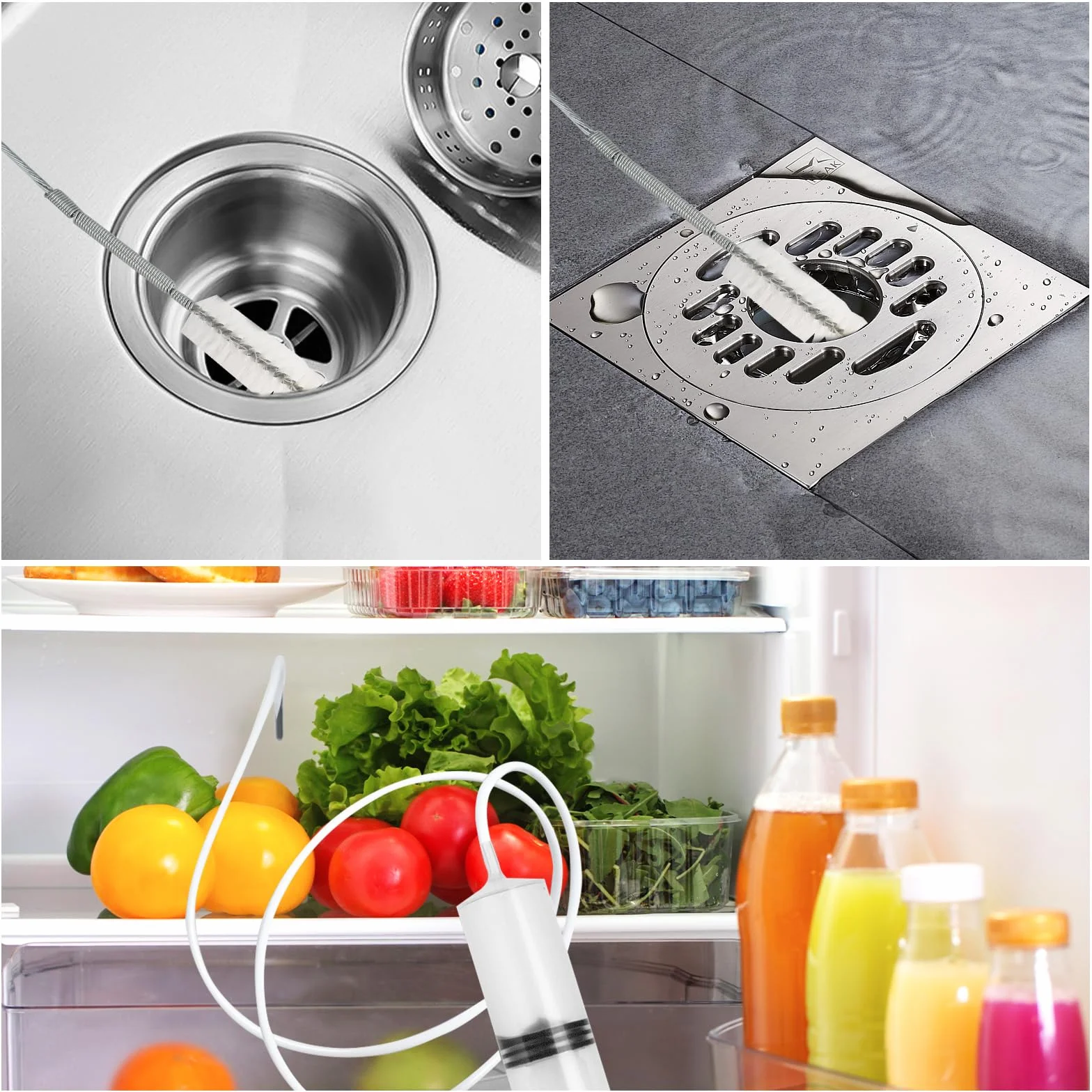 Realjoy Zestaw do czyszczenia lodówki, zestaw do czyszczenia otworu odpływowego lodówki, szczotka do czyszczenia + strzykawka + miękka szczotka + skrobak + korek otworu odpływowego do czyszczenia