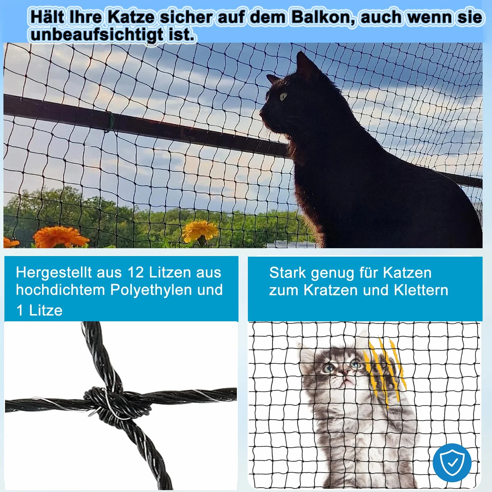 Aystkniet Siatka dla kota na balkon, 2 x 3 m, wzmocniona drutem, z linką mocującą, gwoździe, opaski kablowe, odporna na ugryzienia i rozerwanie, odporna na działanie promieni UV, siatka chroniąca