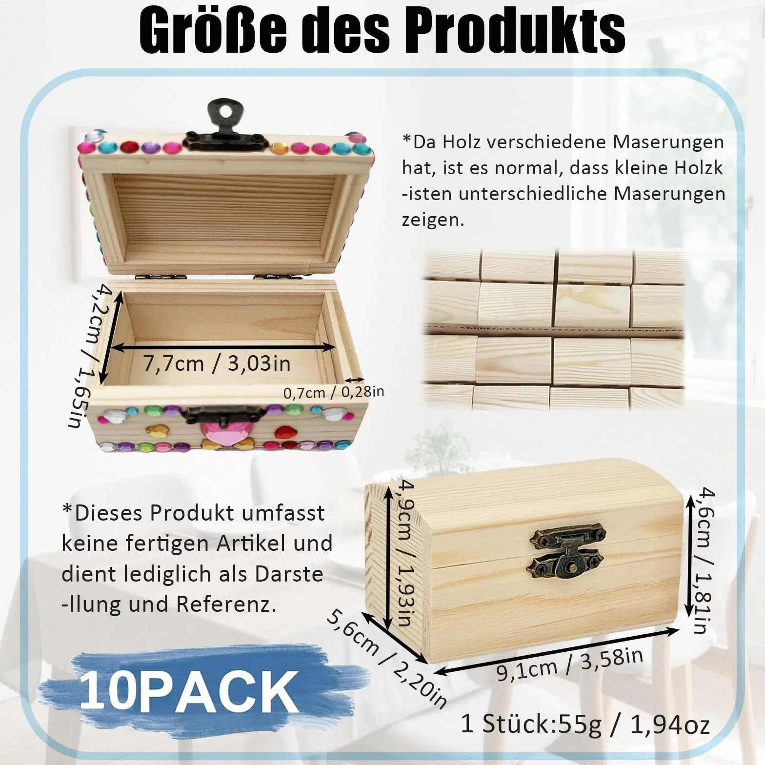 Mała drewniana skrzynka na skarby, zestaw 10 elementów, drewniana szkatułka na biżuterię, zestaw do majsterkowania, prostokątna drewniana skrzynka na skarby z pokrywką, nadaje się do