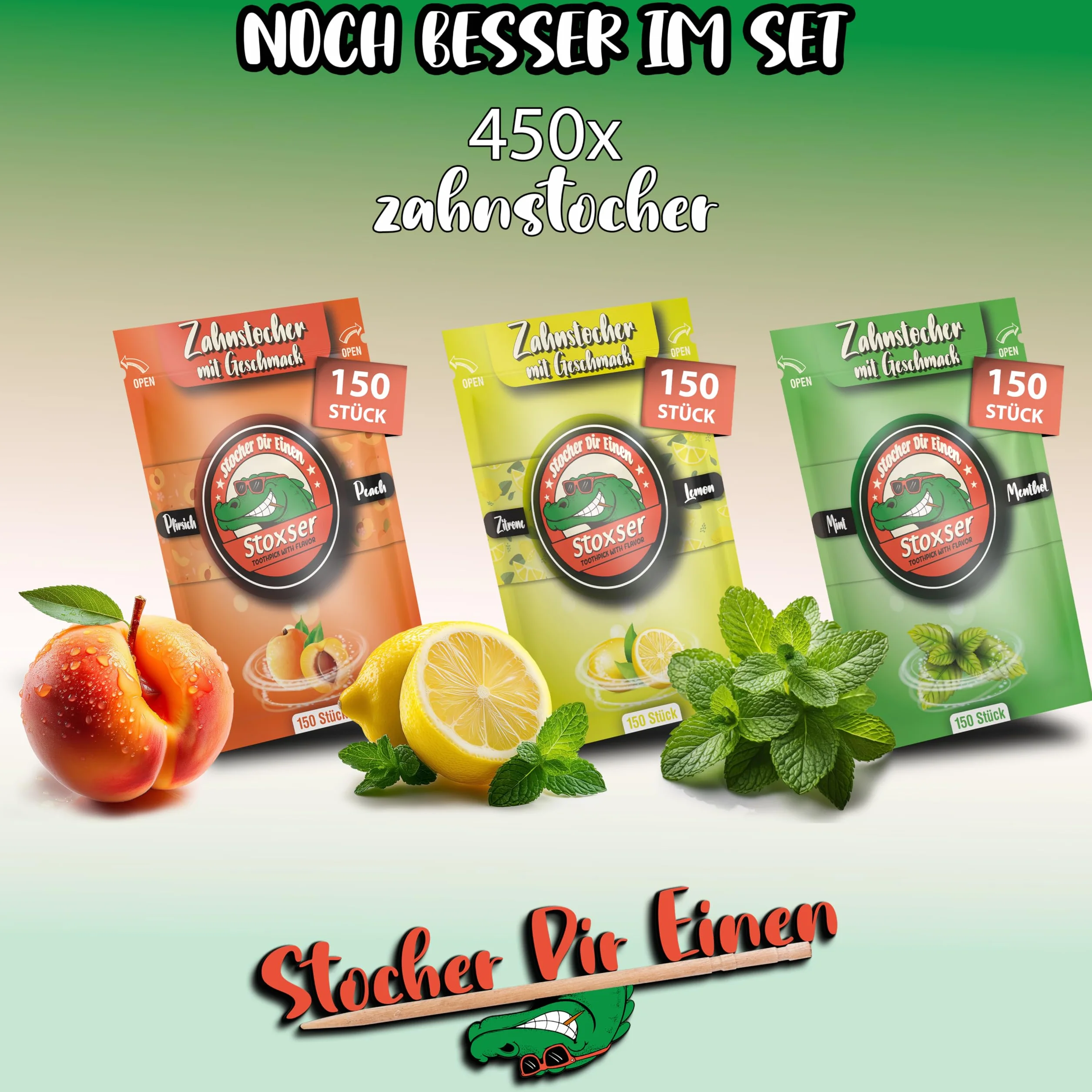 Stoxser 450 x wykałaczka o smaku brzoskwini i cytryny / cytryny i mięty/mentolu, rewolucja smaku, wykałaczki smakowe, bez gumy do żucia, wsparcie pasty do zębów, nić dentystyczna, bez cukru