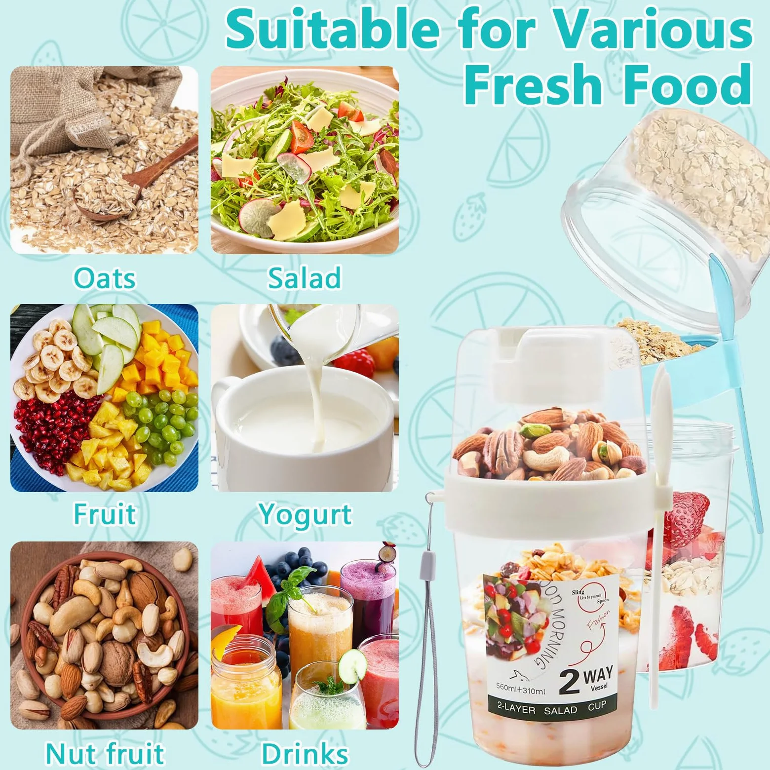 2 kubki na musli na wynos z łyżką, 560 ml + 310 ml, kubki na jogurt w podróży, 100% wolne od BPA, 3 w 1, szczelny kubek na musli na wynos, do pracy, szkoły, podróży