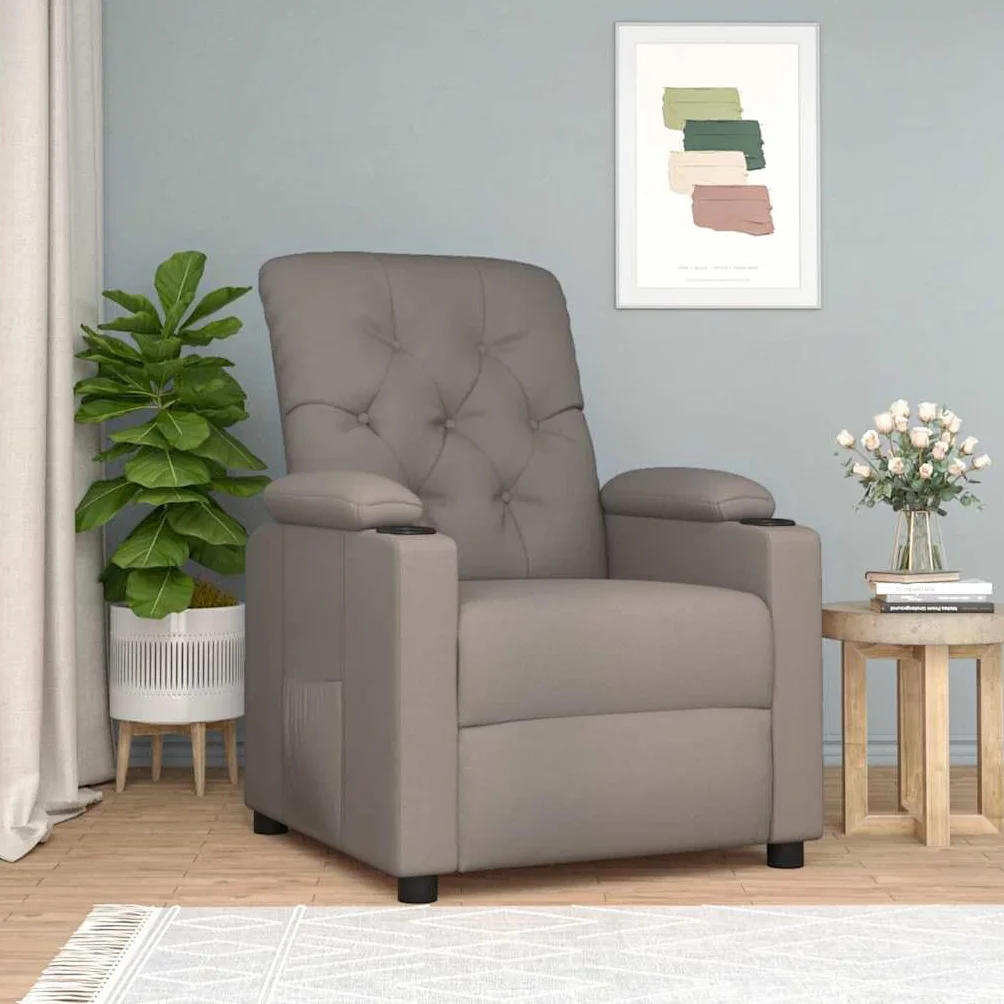 Fotel relaksacyjny w kolorze szarobrązowym (taupe), z regulowanym oparciem i podnóżkiem, ergonomiczny fotel wypoczynkowy do salonu, biura i kącika do czytania, stabilna metalowa i drewniana