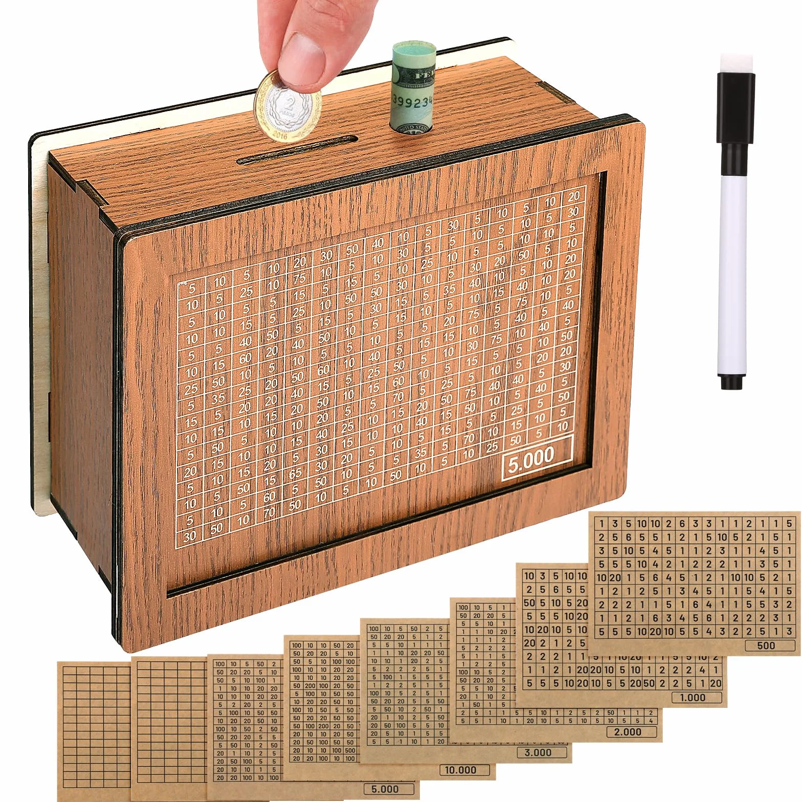 GWHOLE Skarbonka z drewna 5000 € cel retro skarbonka pudełko do przechowywania, pudełko do przechowywania z liczbami, krzyżykiem, świnka skarbonka Fortune Box wielokrotnego użytku, z celem